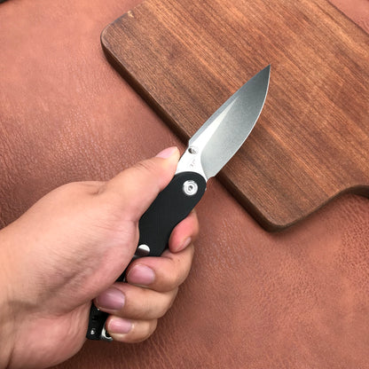 KUBEY  KU344A Momentum Sherif Manganas Design Liner Lock Front Flipper  Dual Studs Open Folding Knife Black G10 Handle 3.43" Blasted Stonewashed D2