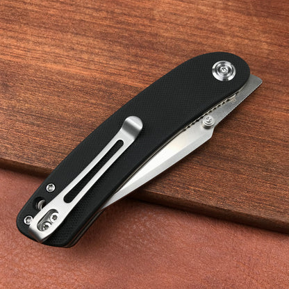 KUBEY  KU344A Momentum Sherif Manganas Design Liner Lock Front Flipper  Dual Studs Open Folding Knife Black G10 Handle 3.43" Blasted Stonewashed D2