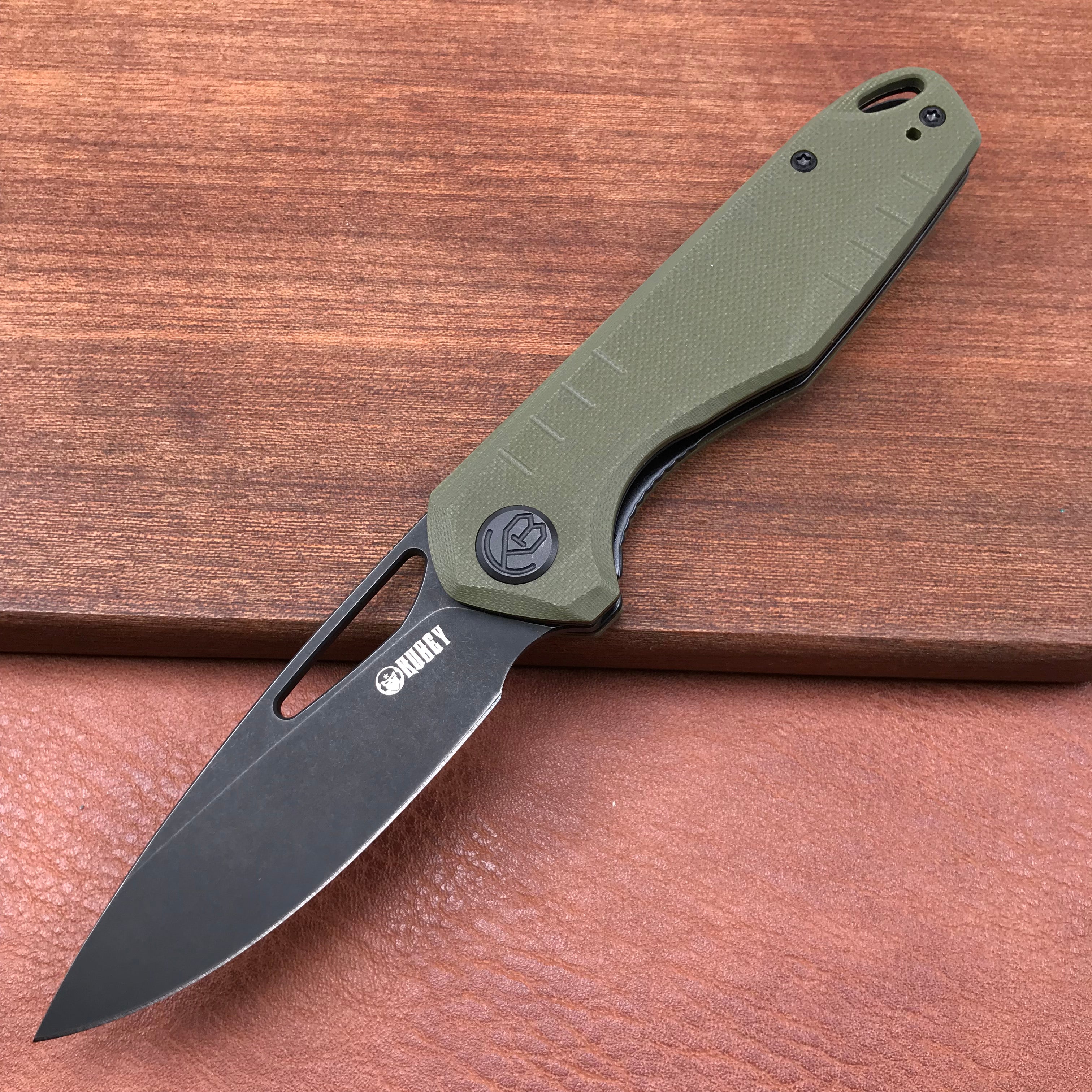 KUBEY KU324C Front Flipper Folding Knife   Green G10 Handle 3.27" Dark Stonewashed D2