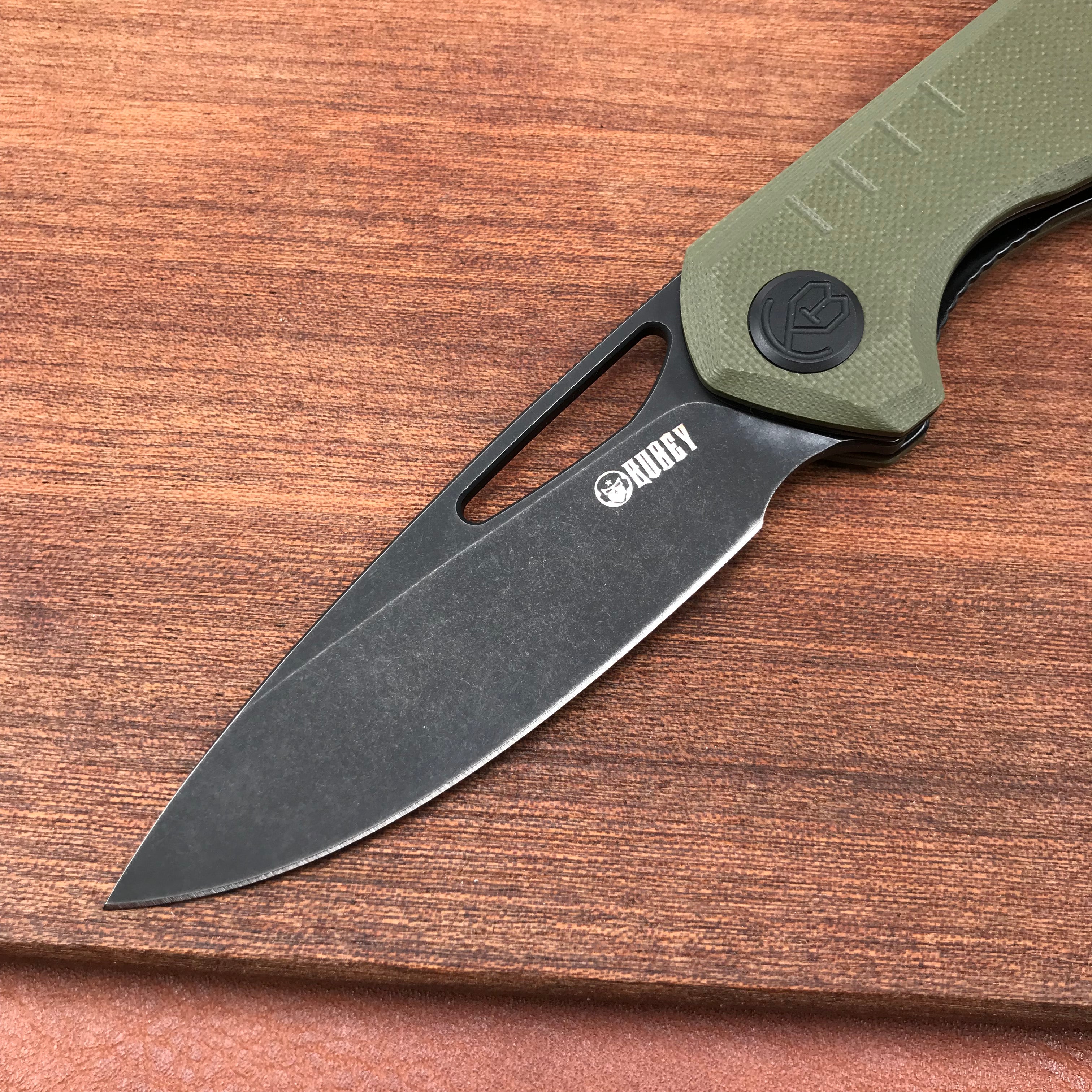 KUBEY KU324C Front Flipper Folding Knife   Green G10 Handle 3.27" Dark Stonewashed D2