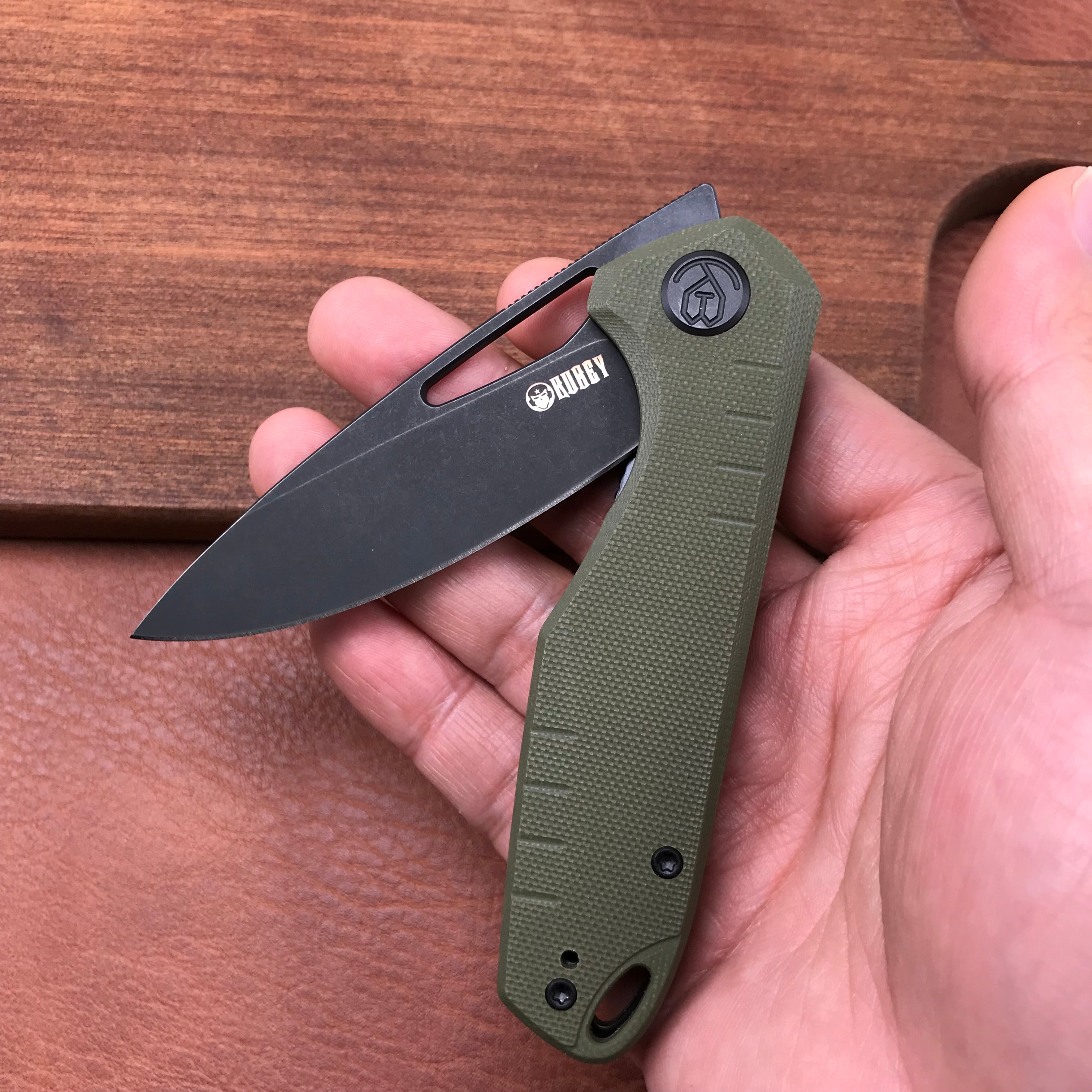 KUBEY KU324C Front Flipper Folding Knife   Green G10 Handle 3.27" Dark Stonewashed D2