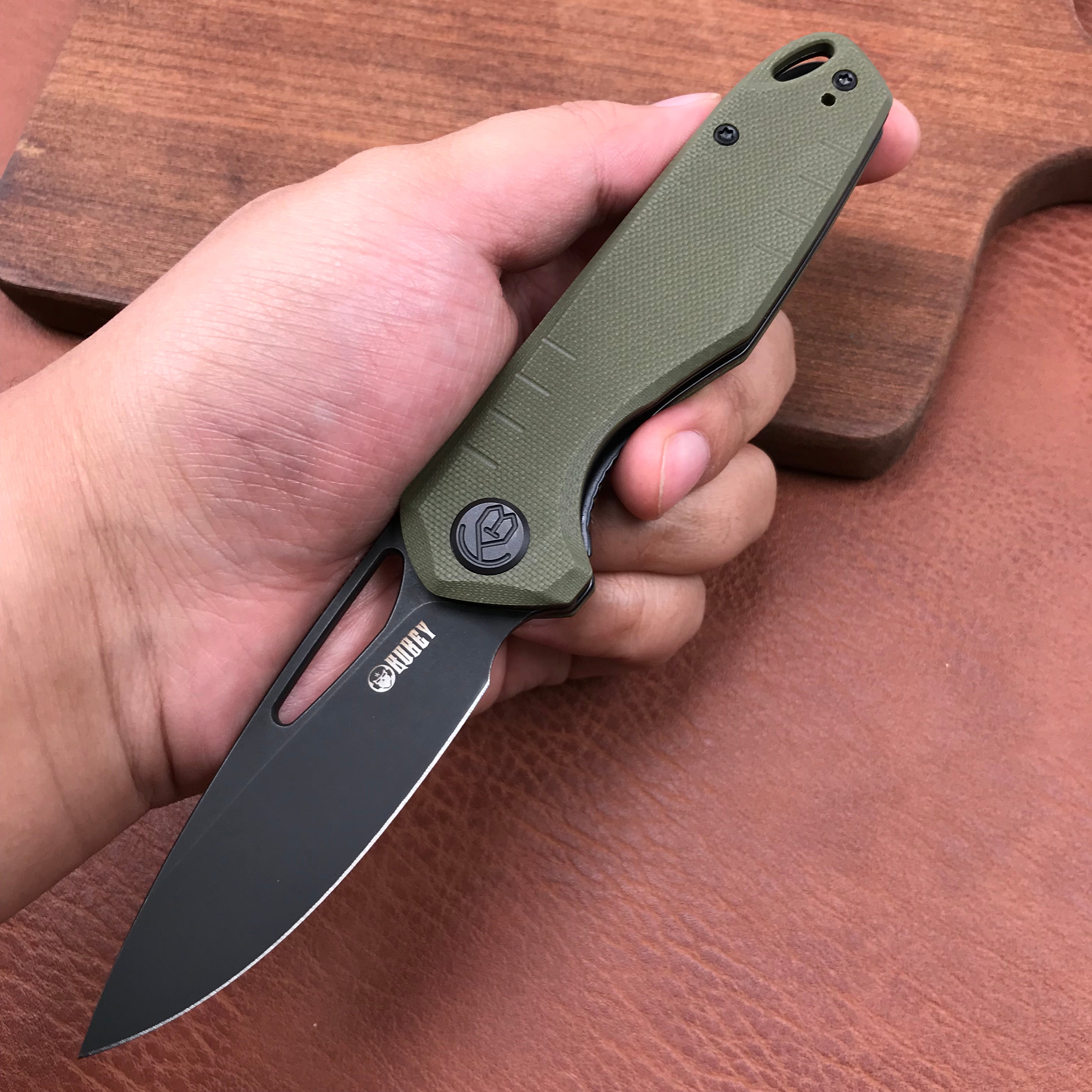 KUBEY KU324C Front Flipper Folding Knife   Green G10 Handle 3.27" Dark Stonewashed D2