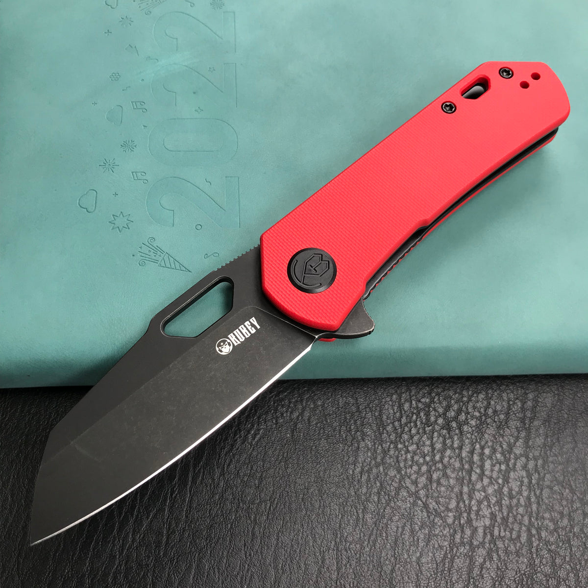 KUBEY KU332F Duroc Liner Lock Flipper Folding Knife Red  G10 Handle 2.91" Black Stonewashed AUS-10