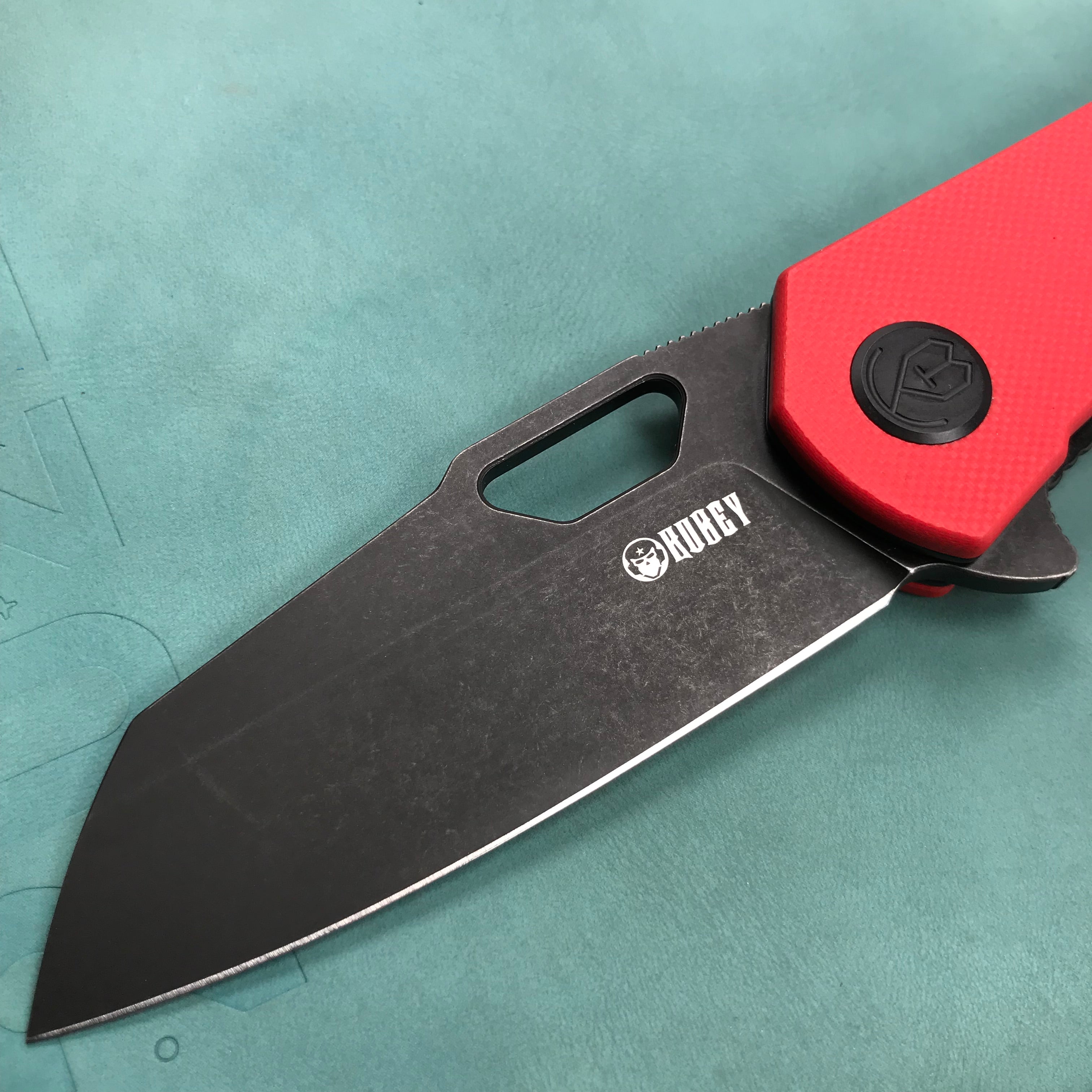 KUBEY KU332F Duroc Liner Lock Flipper Folding Knife Red  G10 Handle 2.91" Black Stonewashed AUS-10