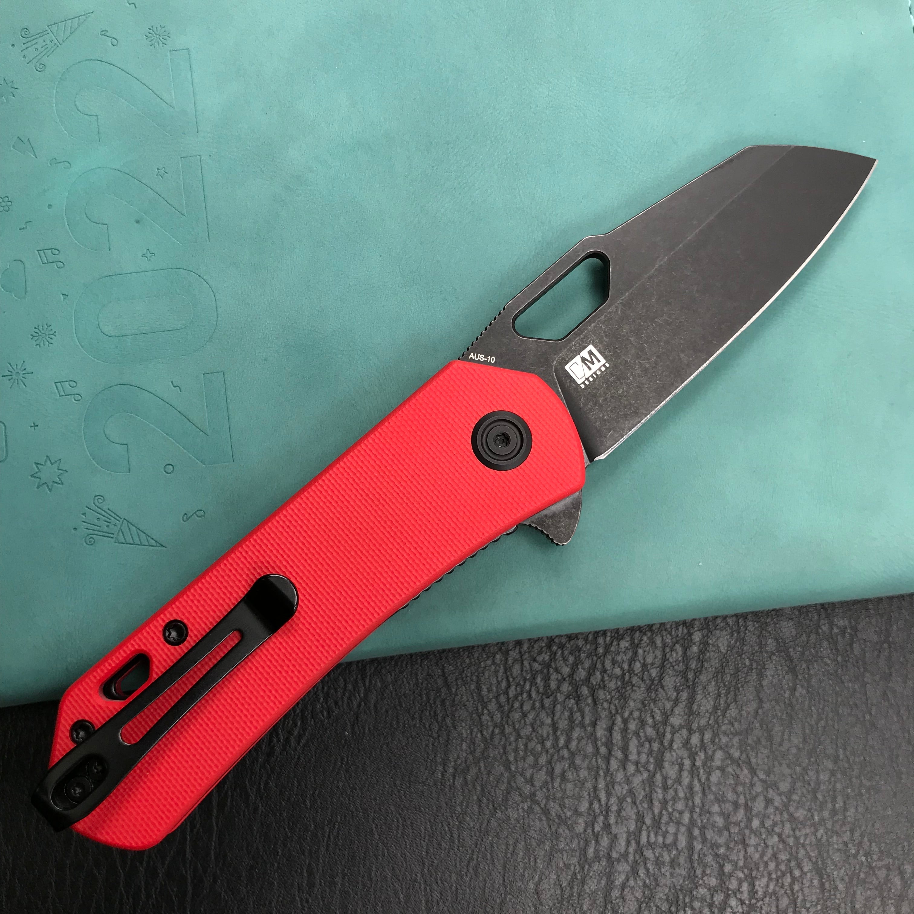 KUBEY KU332F Duroc Liner Lock Flipper Folding Knife Red  G10 Handle 2.91" Black Stonewashed AUS-10