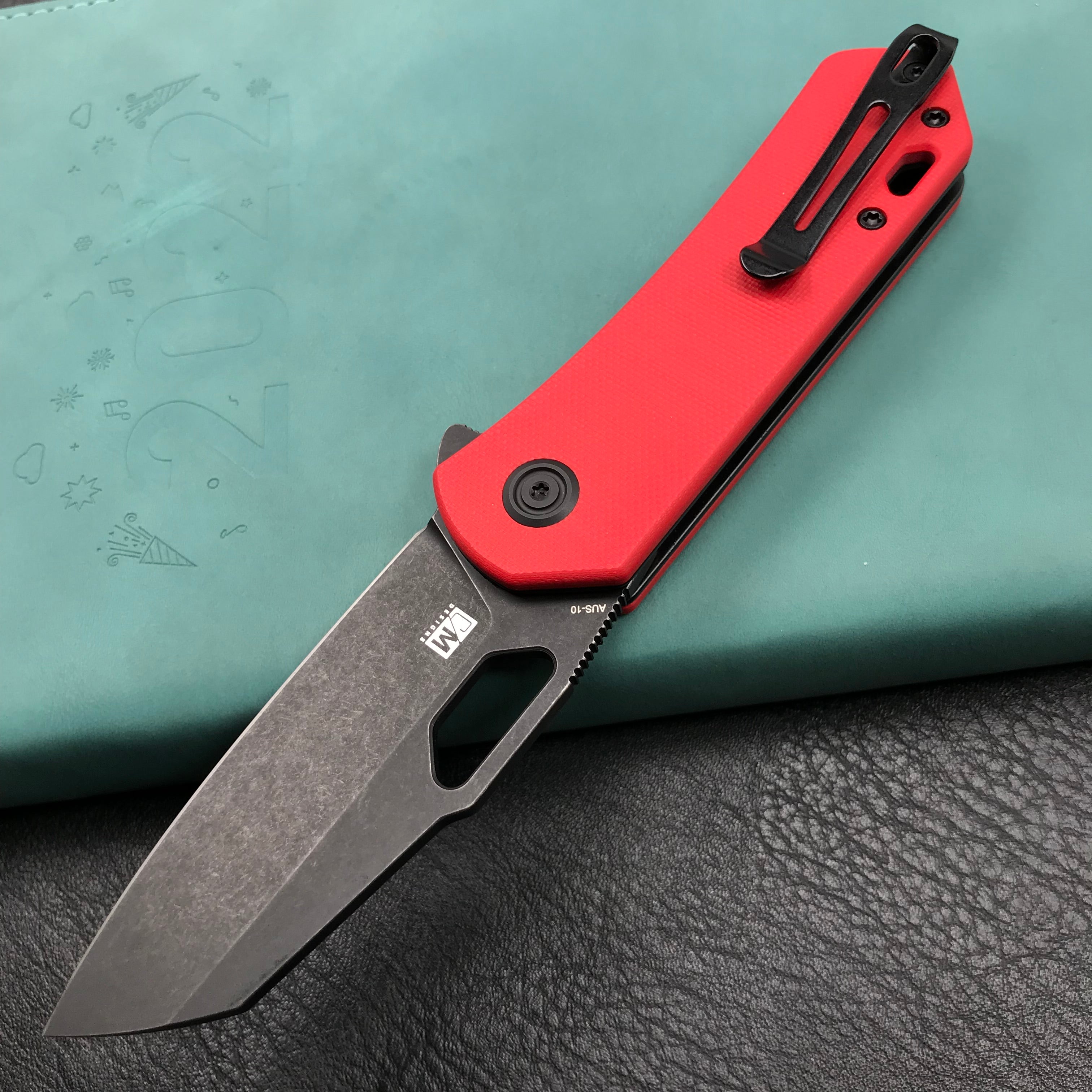 KUBEY KU332F Duroc Liner Lock Flipper Folding Knife Red  G10 Handle 2.91" Black Stonewashed AUS-10