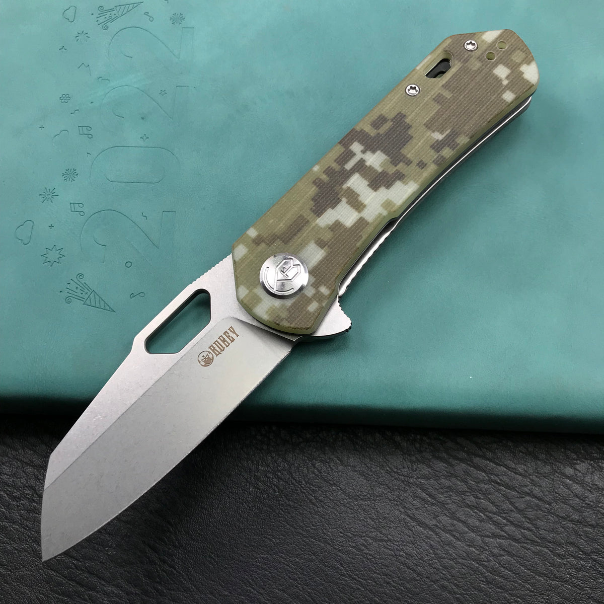 KUBEY KU332J Duroc Liner Lock Flipper Folding Knife  Camo G10 Handle 2.91" Blasted Stonewashed AUS-10