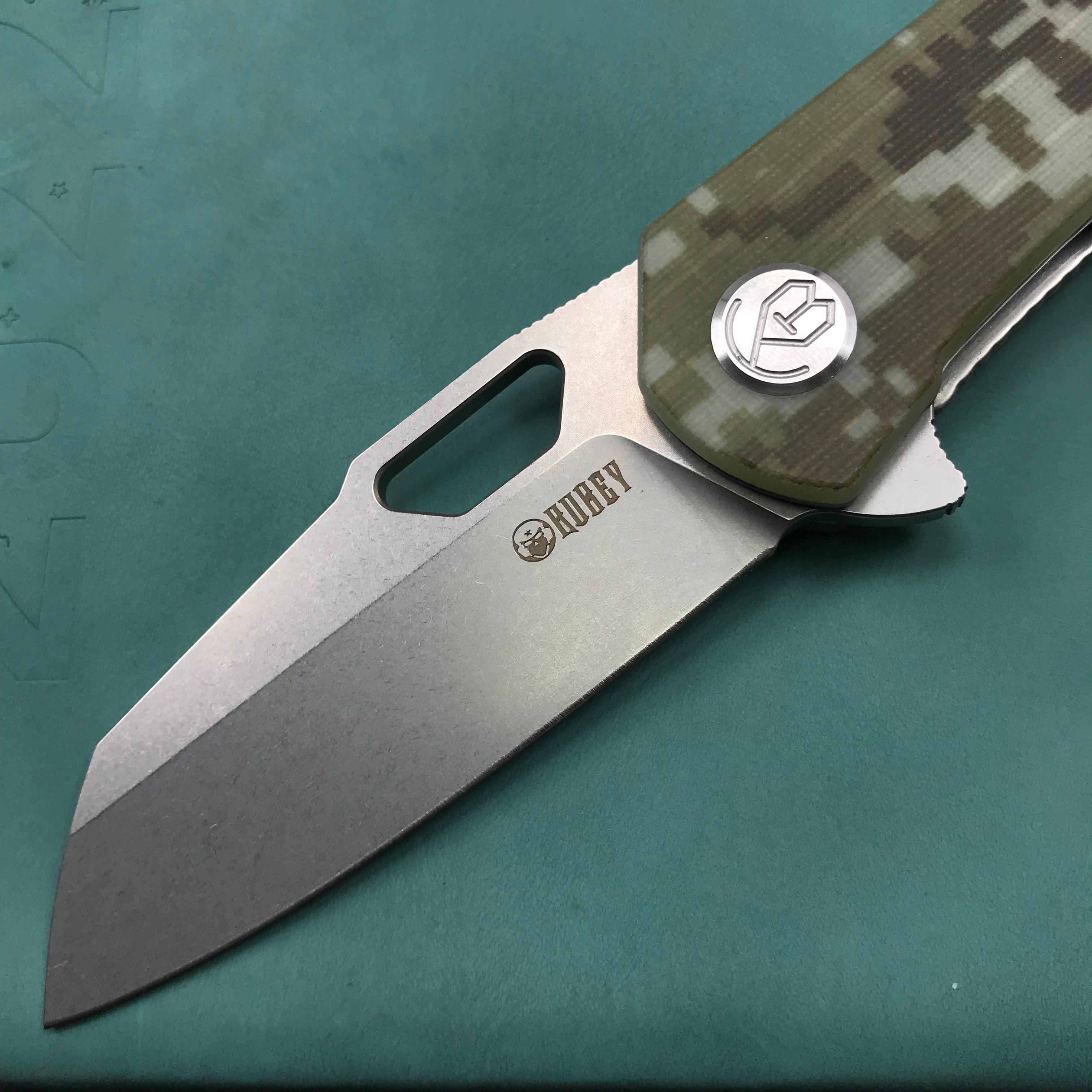 KUBEY KU332J Duroc Liner Lock Flipper Folding Knife  Camo G10 Handle 2.91" Blasted Stonewashed AUS-10