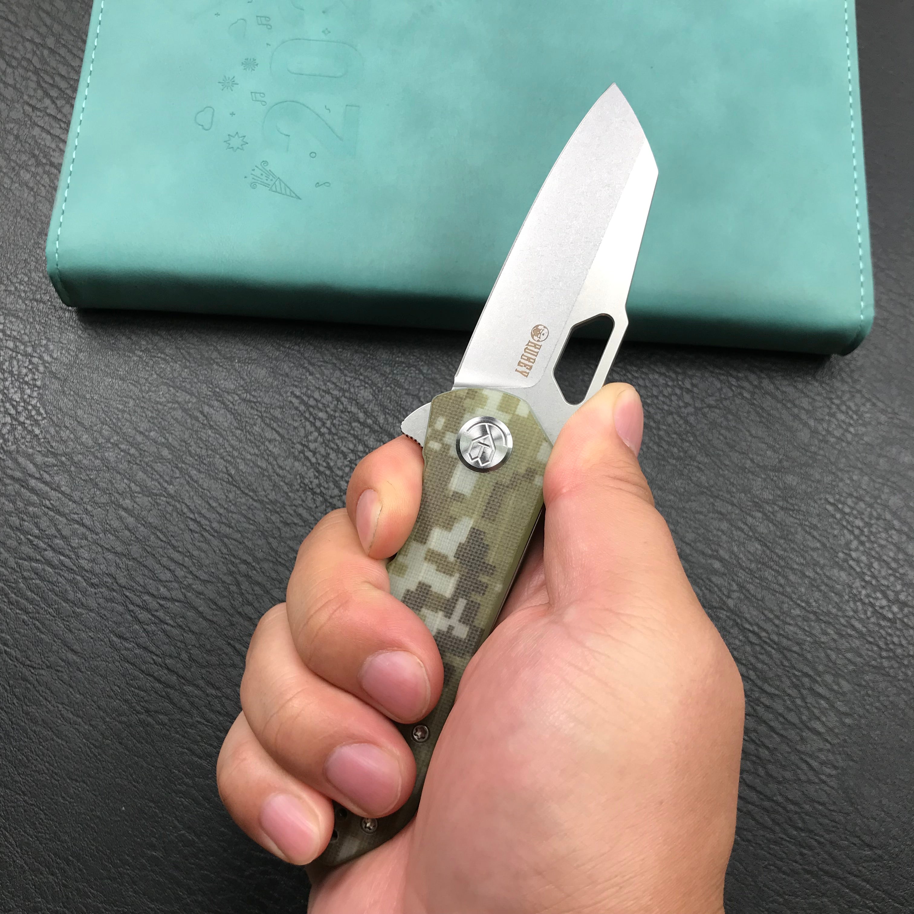 KUBEY KU332J Duroc Liner Lock Flipper Folding Knife  Camo G10 Handle 2.91" Blasted Stonewashed AUS-10