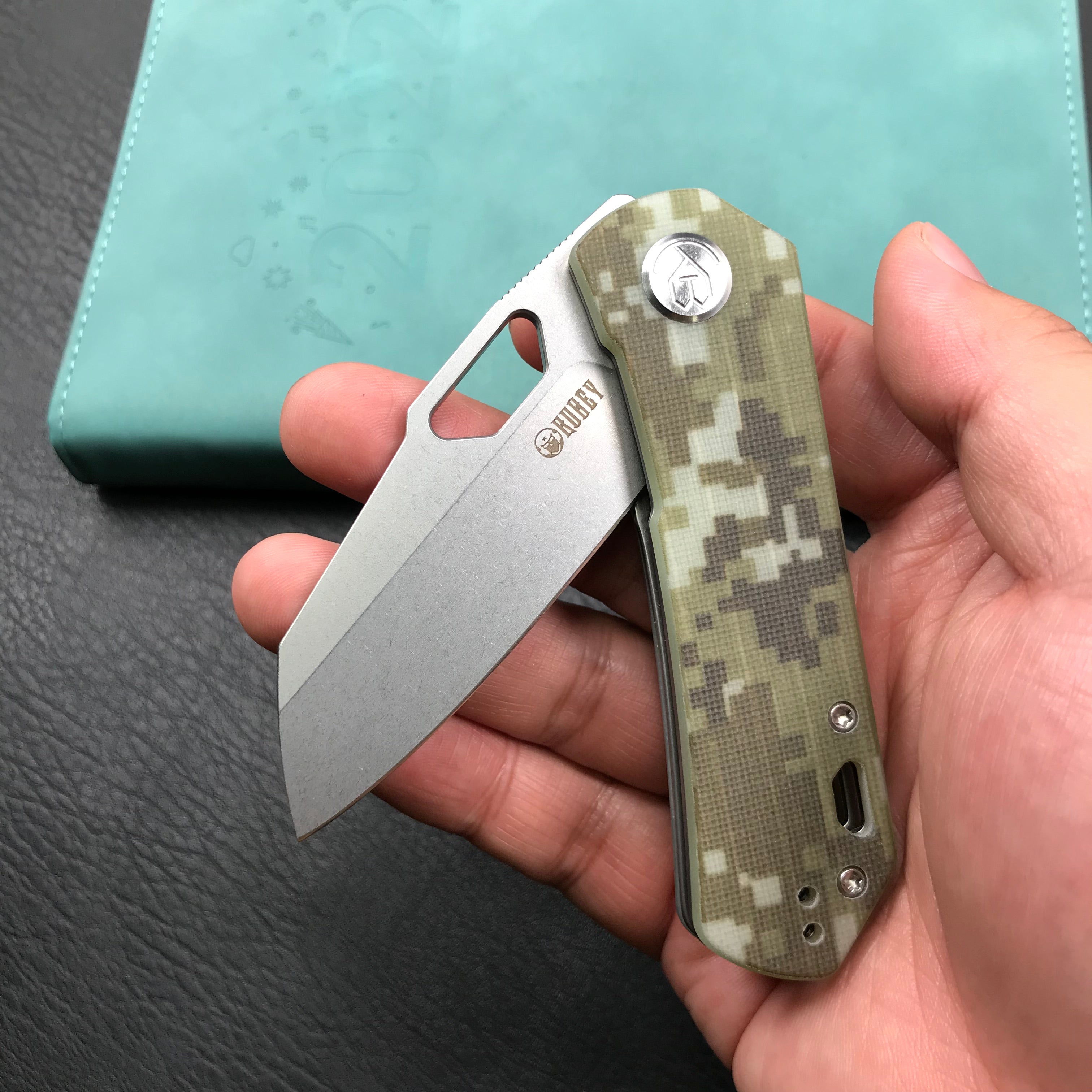 KUBEY KU332J Duroc Liner Lock Flipper Folding Knife  Camo G10 Handle 2.91" Blasted Stonewashed AUS-10