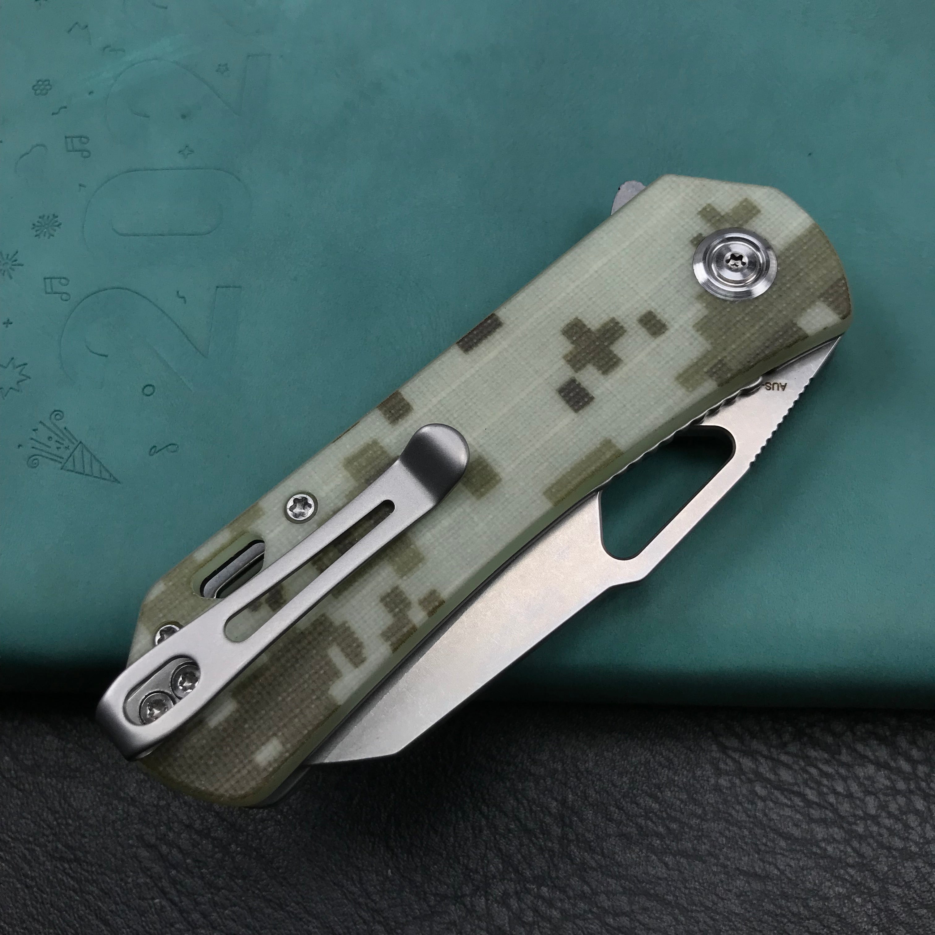 KUBEY KU332J Duroc Liner Lock Flipper Folding Knife  Camo G10 Handle 2.91" Blasted Stonewashed AUS-10