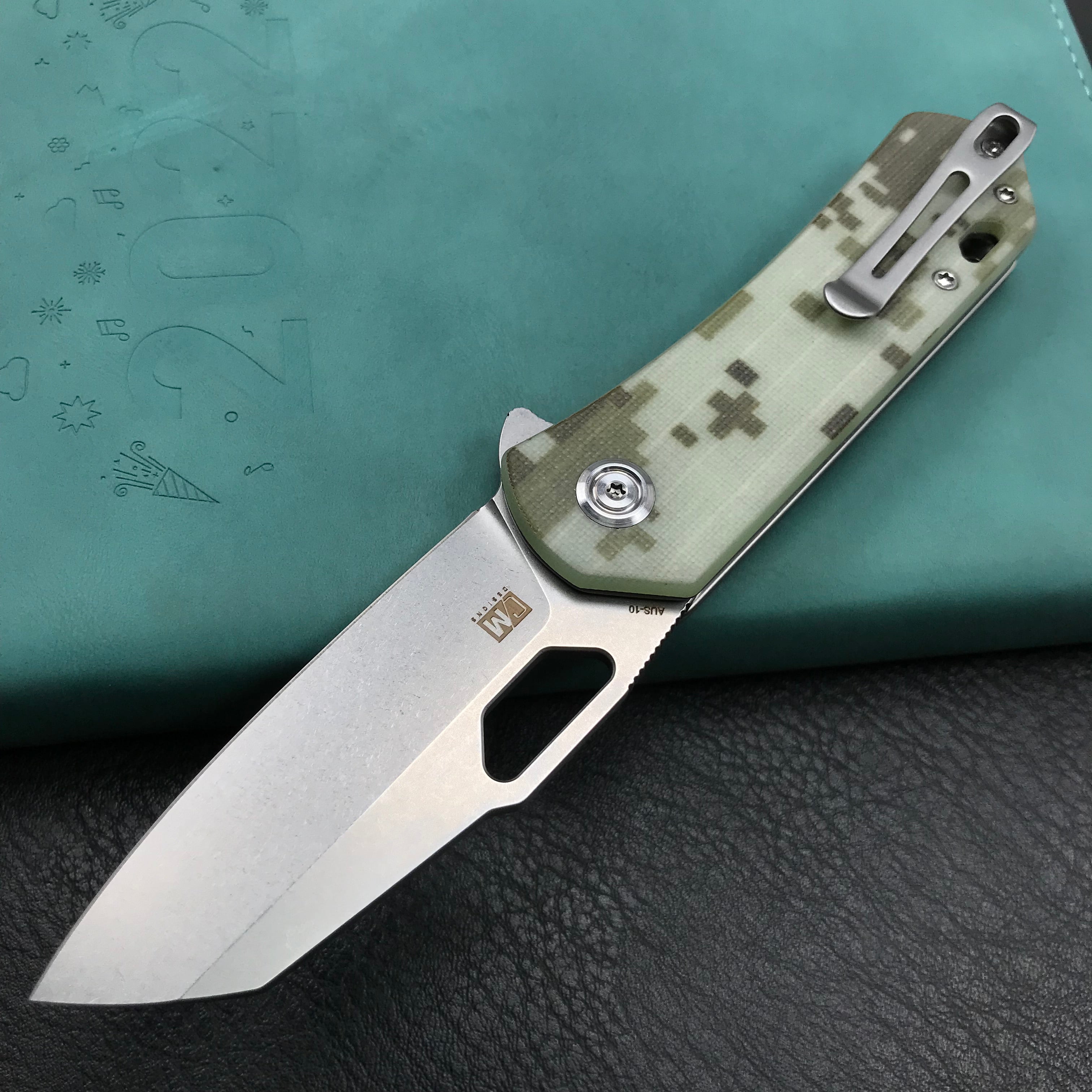 KUBEY KU332J Duroc Liner Lock Flipper Folding Knife  Camo G10 Handle 2.91" Blasted Stonewashed AUS-10