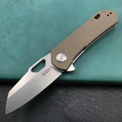 KUBEY KU332K Duroc Liner Lock Flipper Folding Knife Tan G10 Handle 2.91" Blasted Stonewashed AUS-10