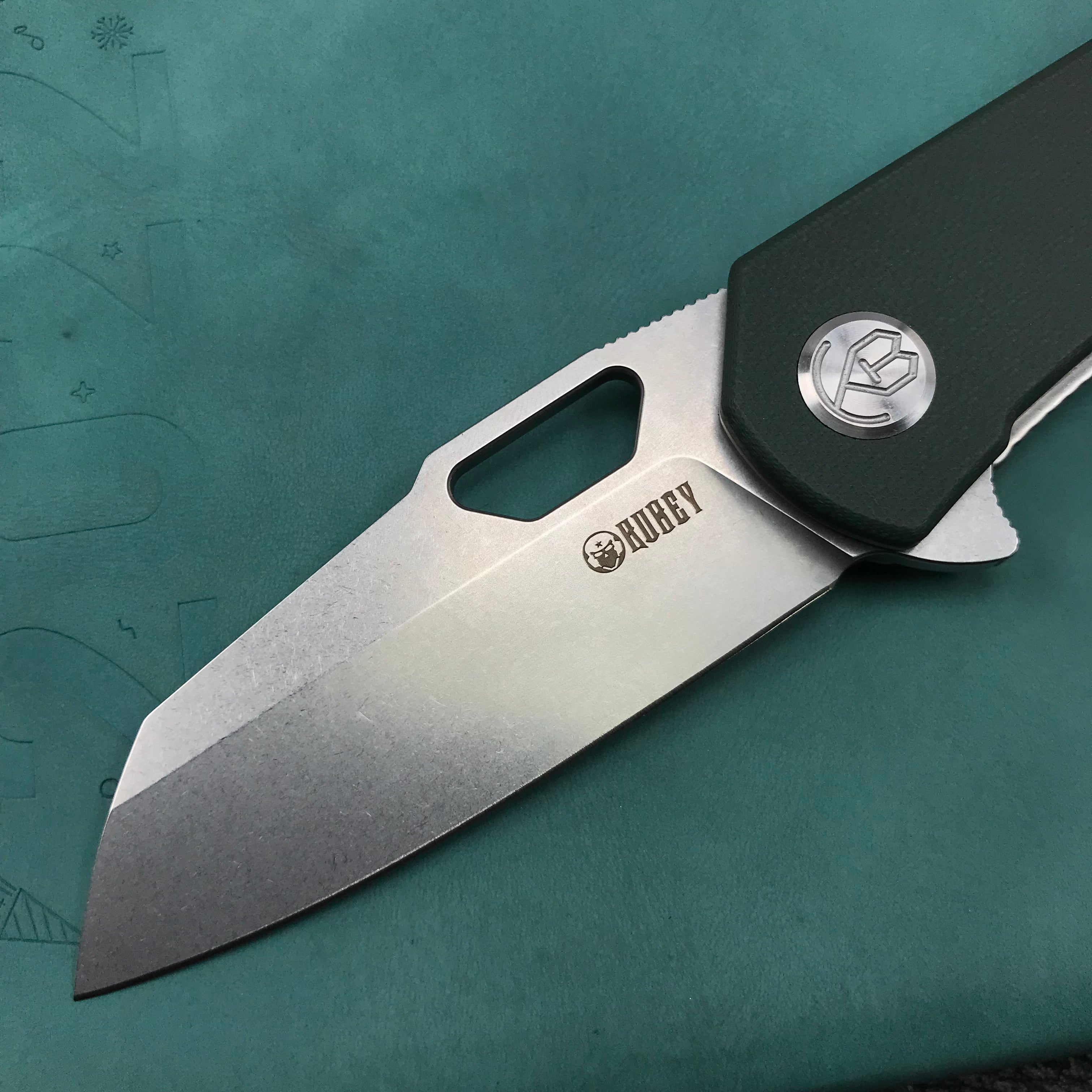 KUBEY KU332G Duroc Liner Lock Flipper Folding Knife OD Green  G10 Handle 2.91" Blasted Stonewashed AUS-10