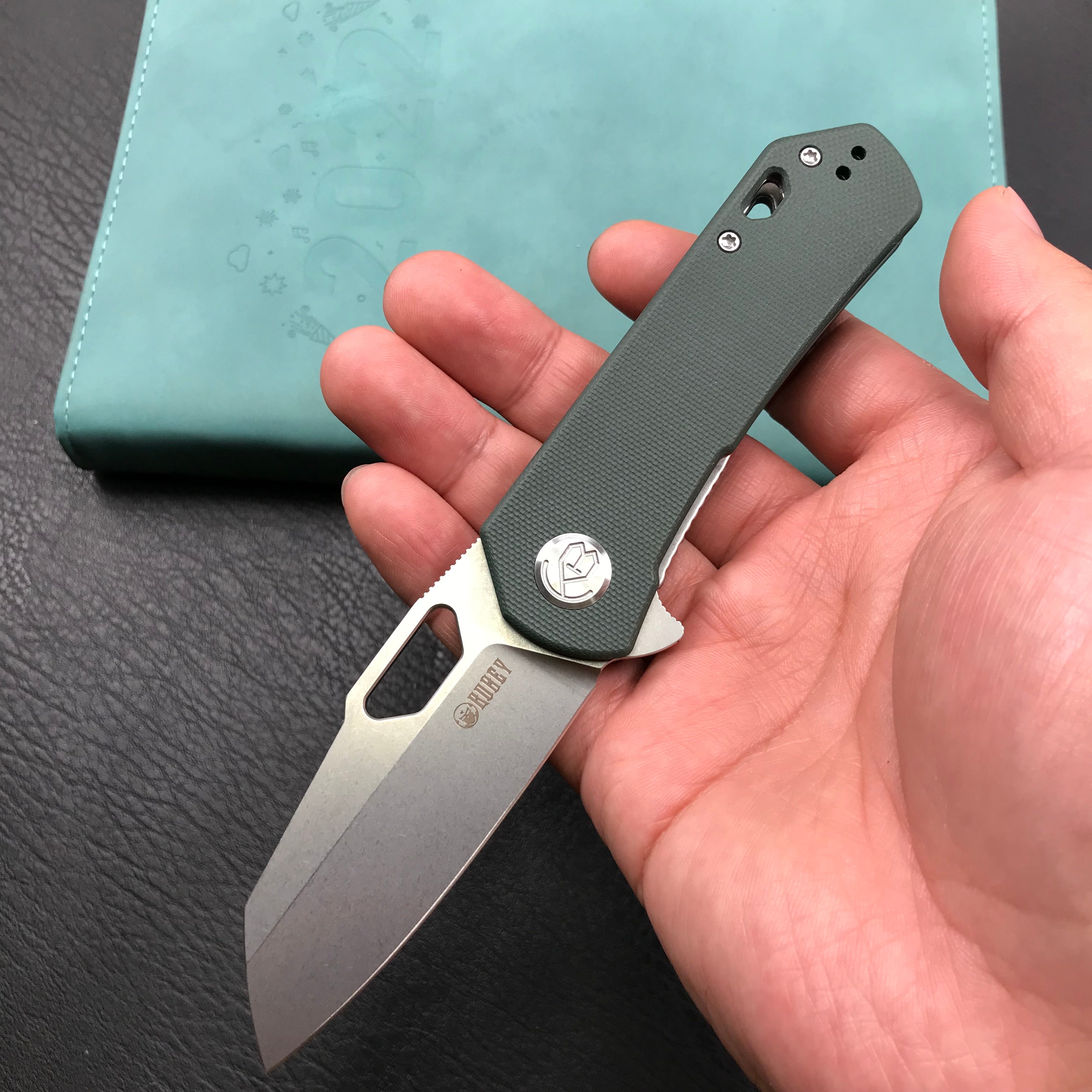 KUBEY KU332G Duroc Liner Lock Flipper Folding Knife OD Green  G10 Handle 2.91" Blasted Stonewashed AUS-10