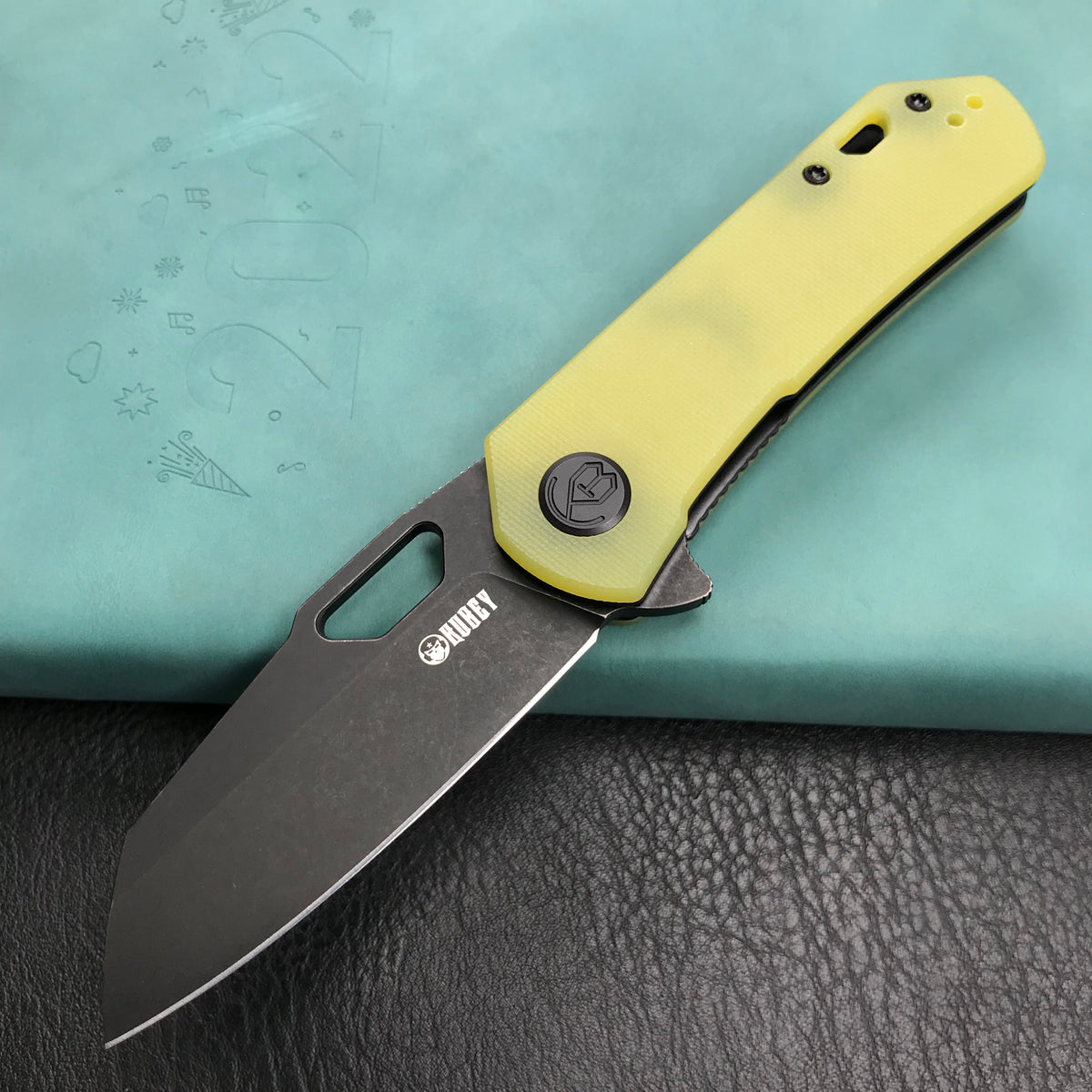 KUBEY KU332H Duroc Liner Lock Flipper Folding Knife Yellow G10 Handle 2.91" Black Stonewashed AUS-10