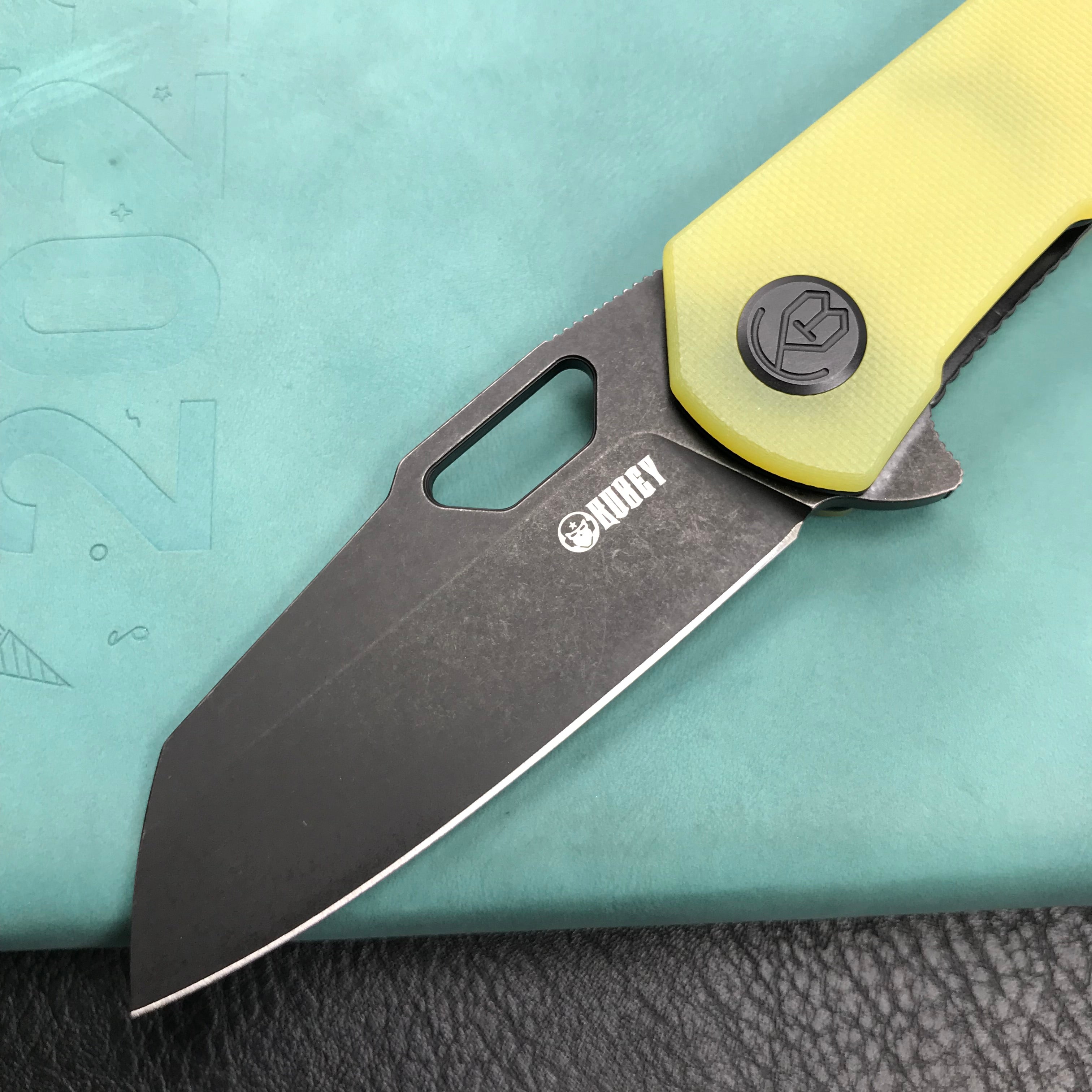 KUBEY KU332H Duroc Liner Lock Flipper Folding Knife Yellow G10 Handle 2.91" Black Stonewashed AUS-10