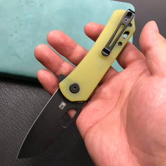 KUBEY KU332H Duroc Liner Lock Flipper Folding Knife Yellow G10 Handle 2.91" Black Stonewashed AUS-10