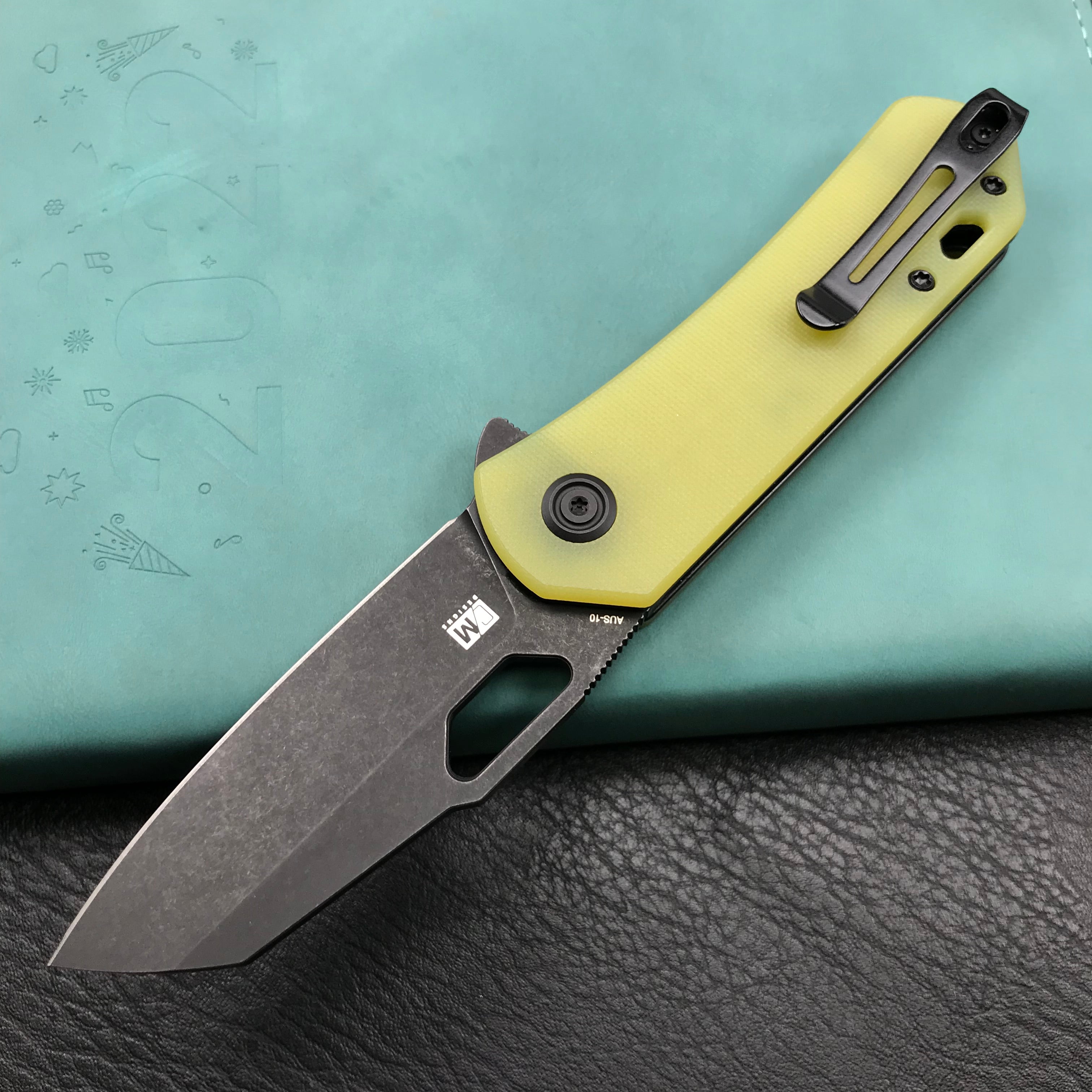 KUBEY KU332H Duroc Liner Lock Flipper Folding Knife Yellow G10 Handle 2.91" Black Stonewashed AUS-10