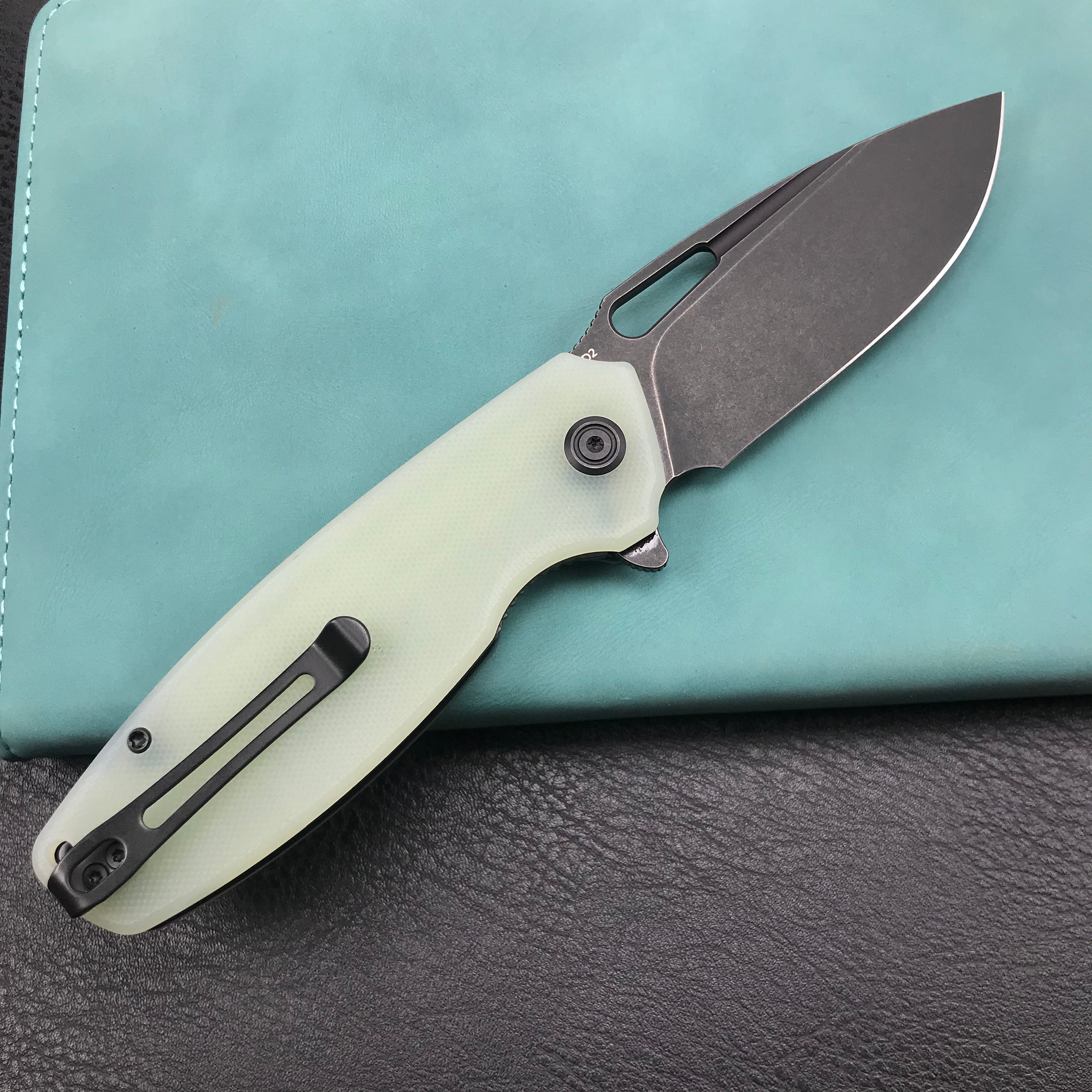 KUBEY KU322E Liner Lock Flipper Folding Knife Jade G10 Handle 3.39" Dark Stonewashed D2