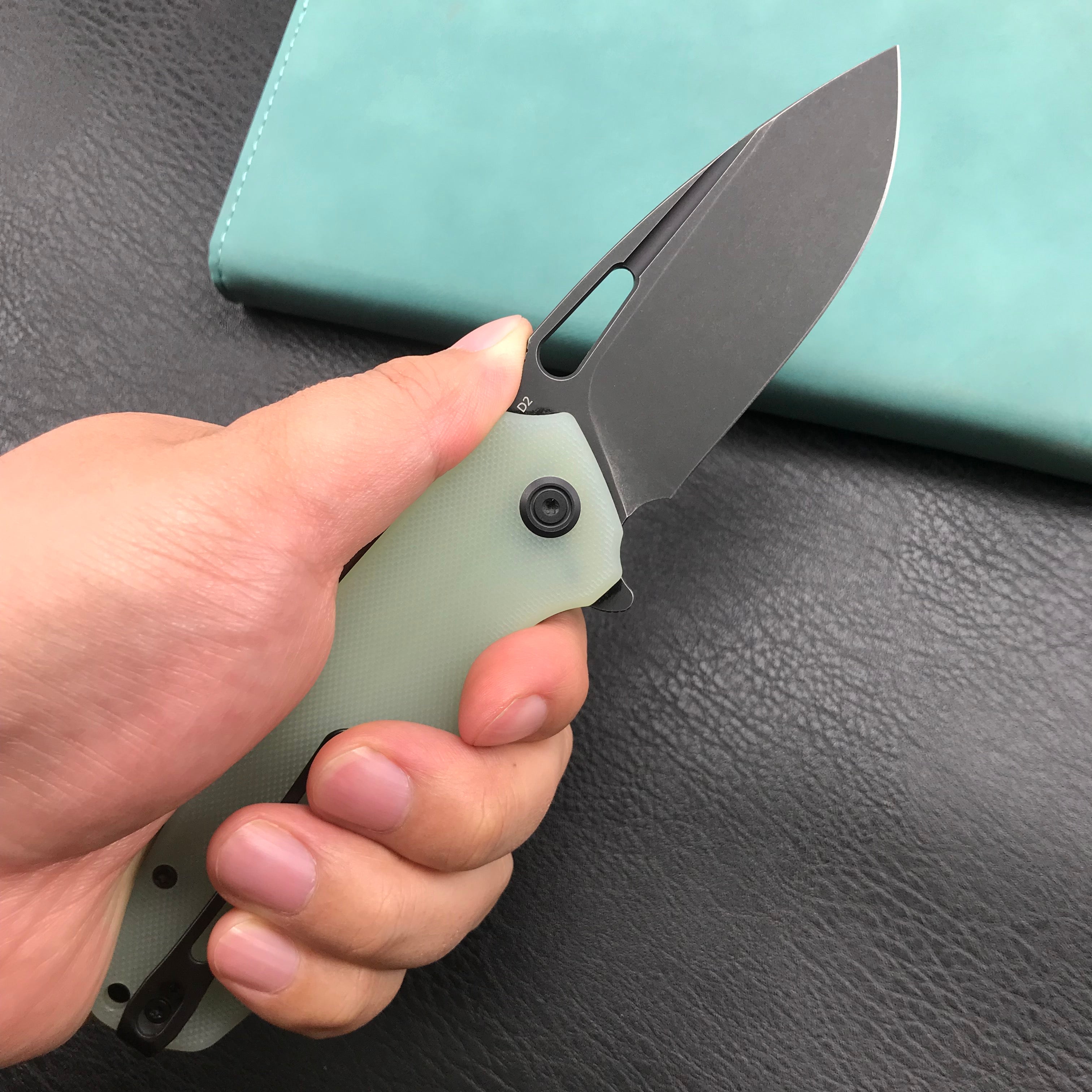 KUBEY KU322E Liner Lock Flipper Folding Knife Jade G10 Handle 3.39" Dark Stonewashed D2