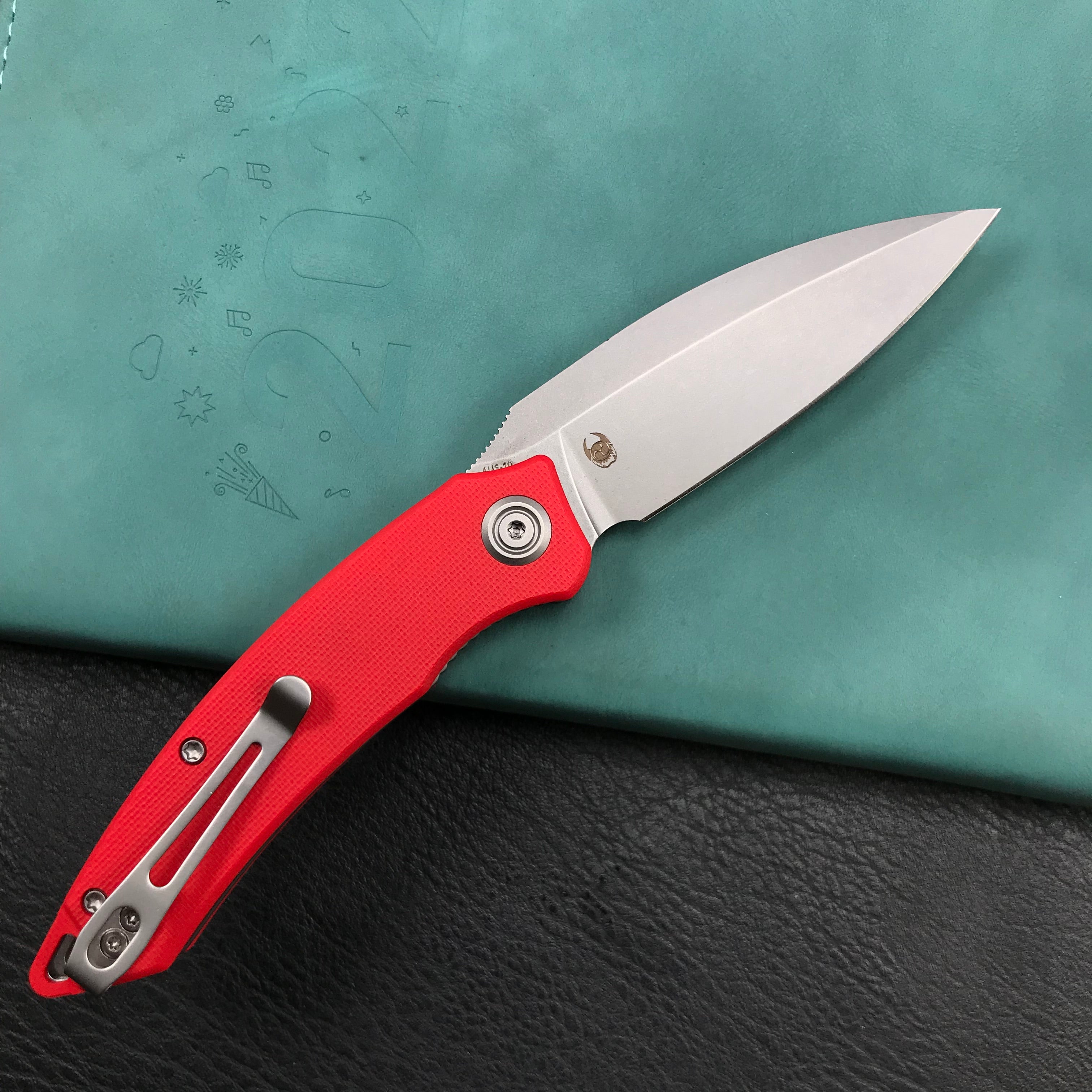 KUBEY KU333F Leaf Liner Lock Front Flipper Folding Knife Red G10 Handle 2.99" Bead Blasted AUS-10