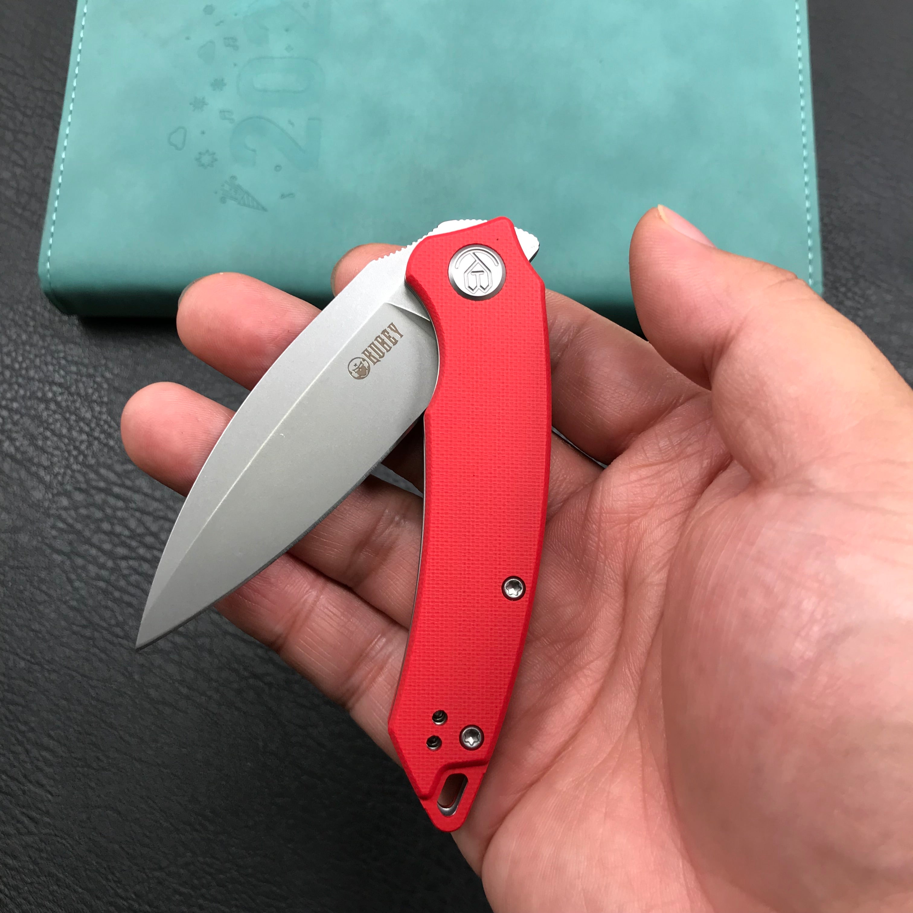 KUBEY KU333F Leaf Liner Lock Front Flipper Folding Knife Red G10 Handle 2.99" Bead Blasted AUS-10