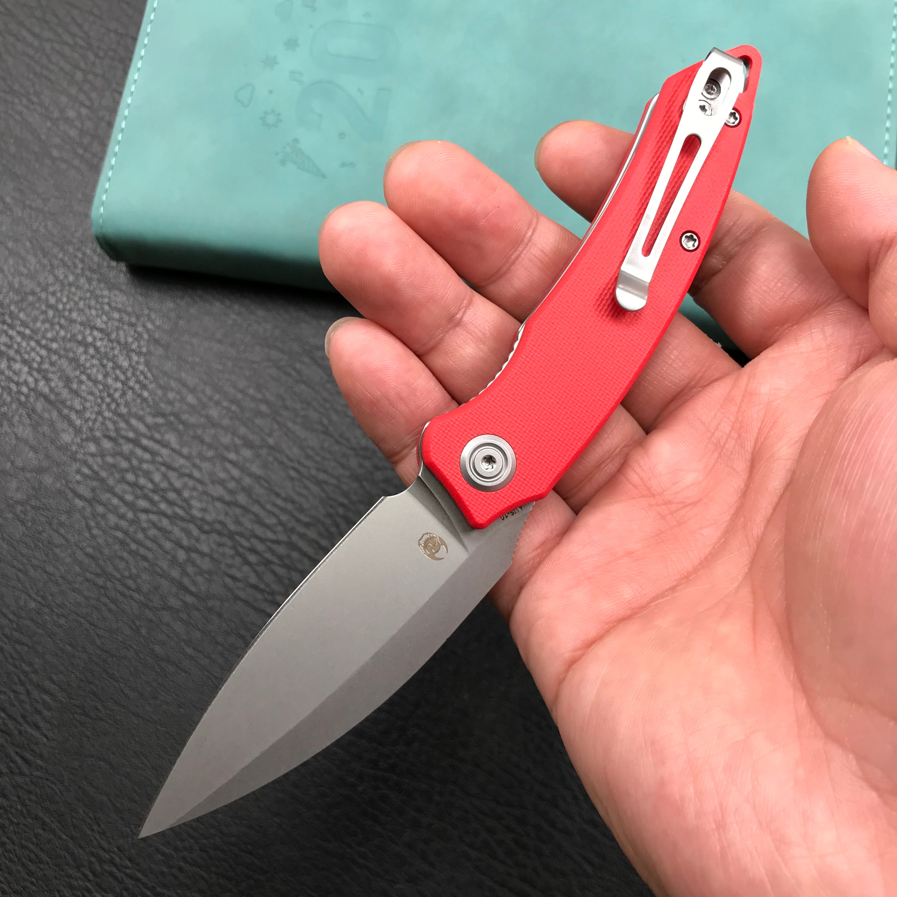 KUBEY KU333F Leaf Liner Lock Front Flipper Folding Knife Red G10 Handle 2.99" Bead Blasted AUS-10