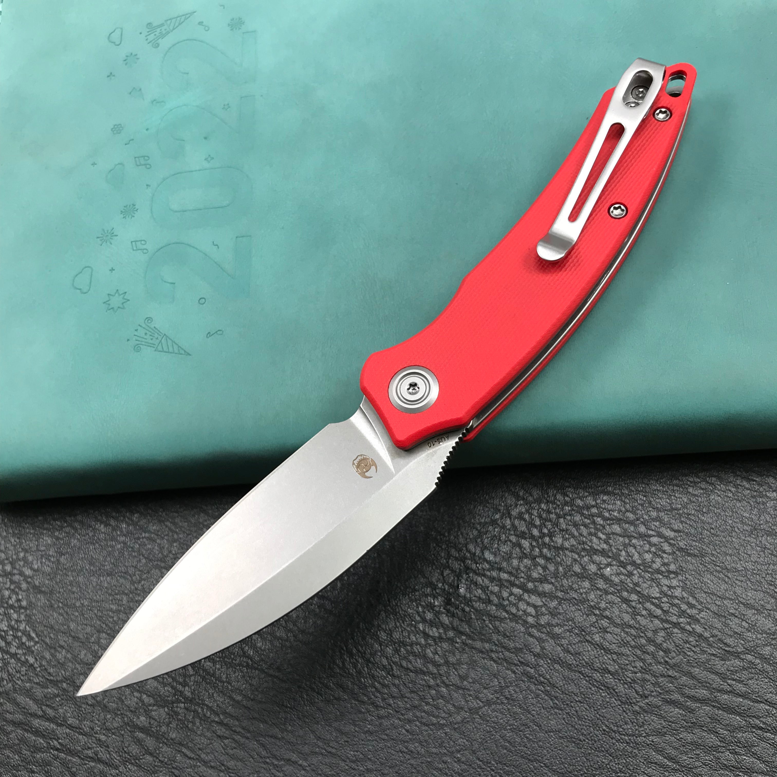 KUBEY KU333F Leaf Liner Lock Front Flipper Folding Knife Red G10 Handle 2.99" Bead Blasted AUS-10