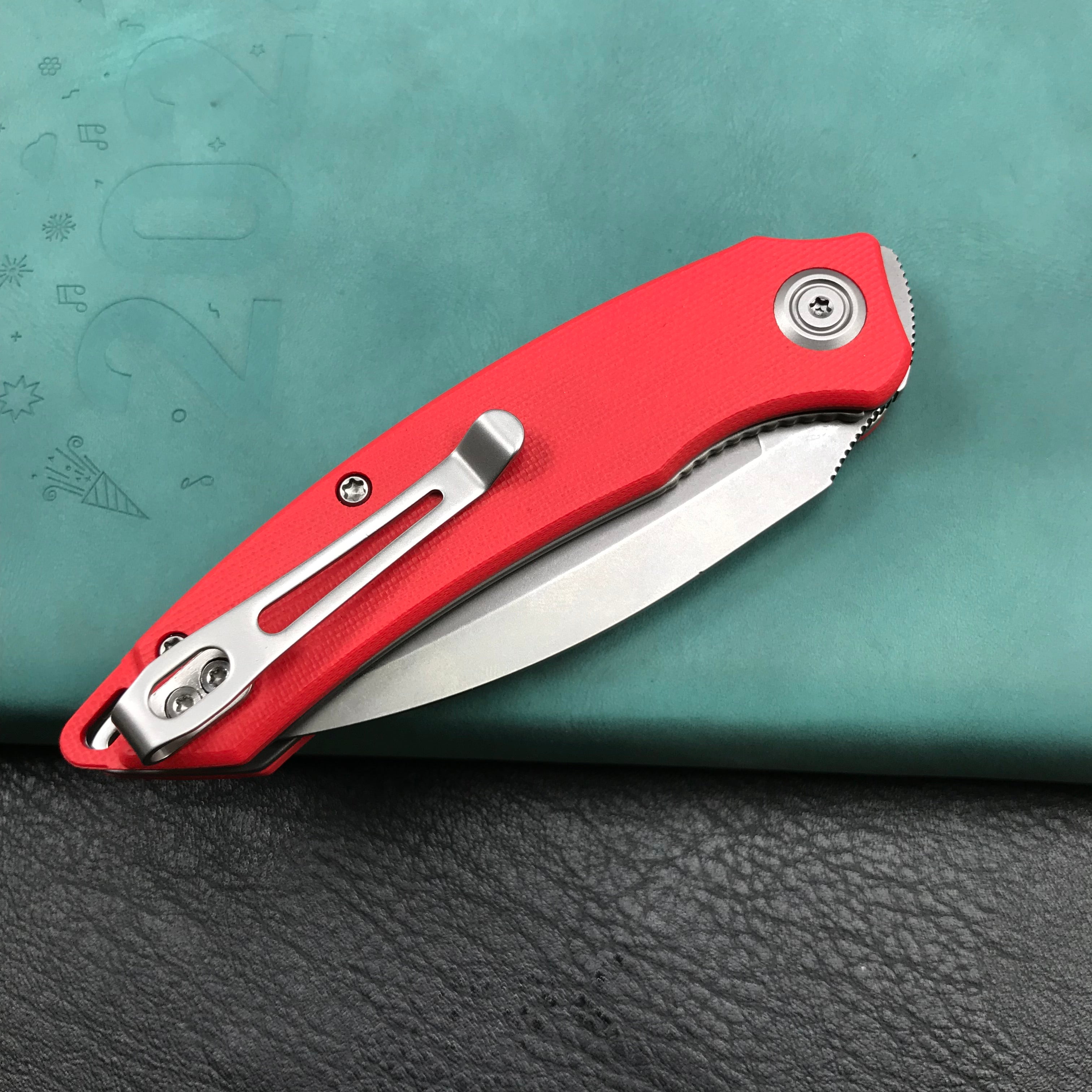 KUBEY KU333F Leaf Liner Lock Front Flipper Folding Knife Red G10 Handle 2.99" Bead Blasted AUS-10