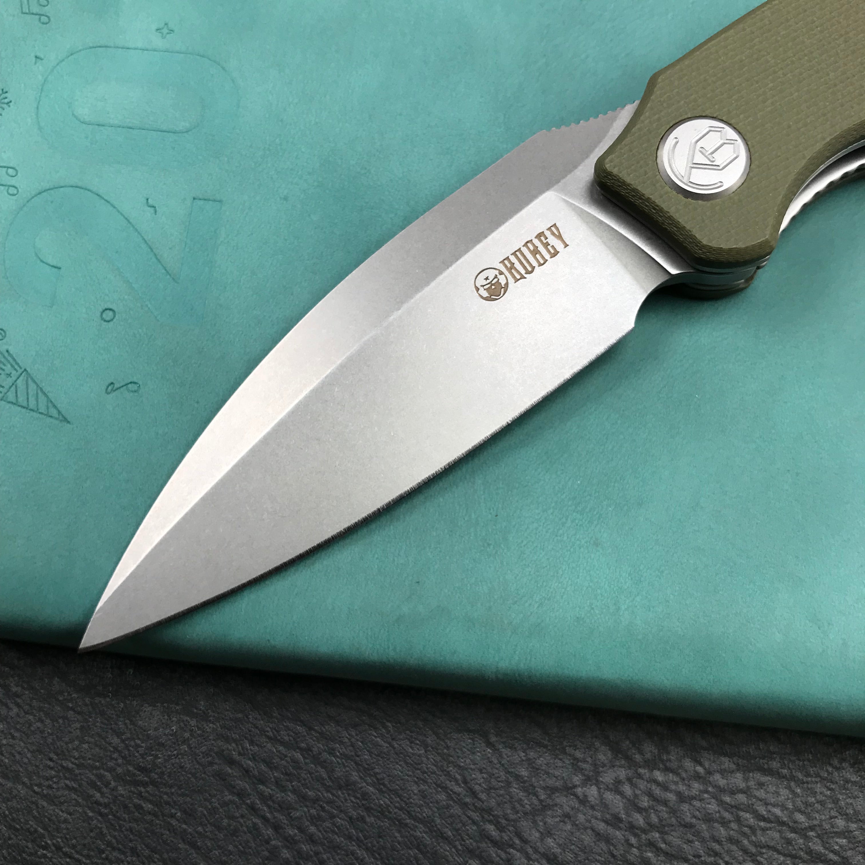 KUBEY KU333E Leaf Liner Lock Front Flipper Folding Knife Green G10 Handle 2.99" Bead Blasted AUS-10