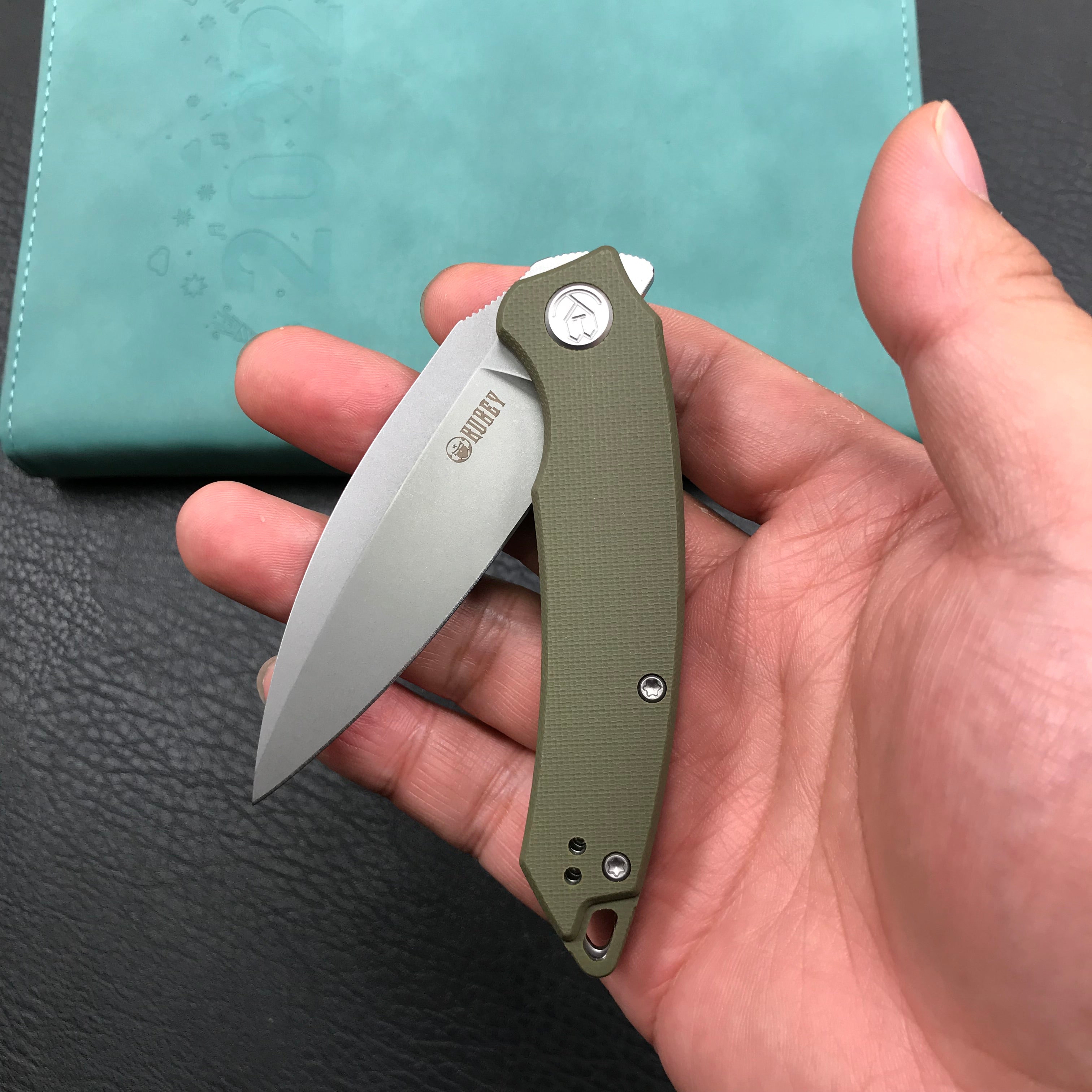 KUBEY KU333E Leaf Liner Lock Front Flipper Folding Knife Green G10 Handle 2.99" Bead Blasted AUS-10