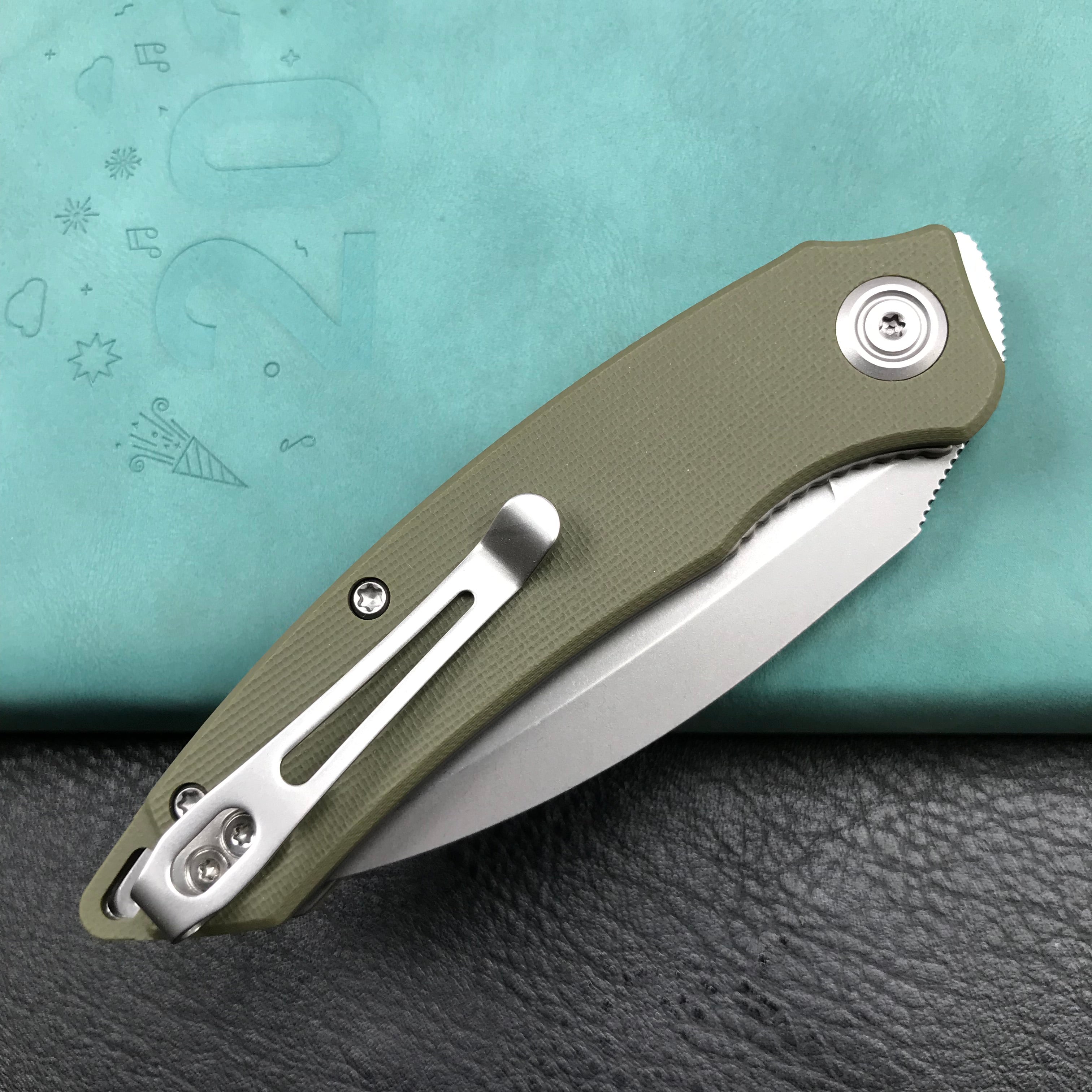 KUBEY KU333E Leaf Liner Lock Front Flipper Folding Knife Green G10 Handle 2.99" Bead Blasted AUS-10