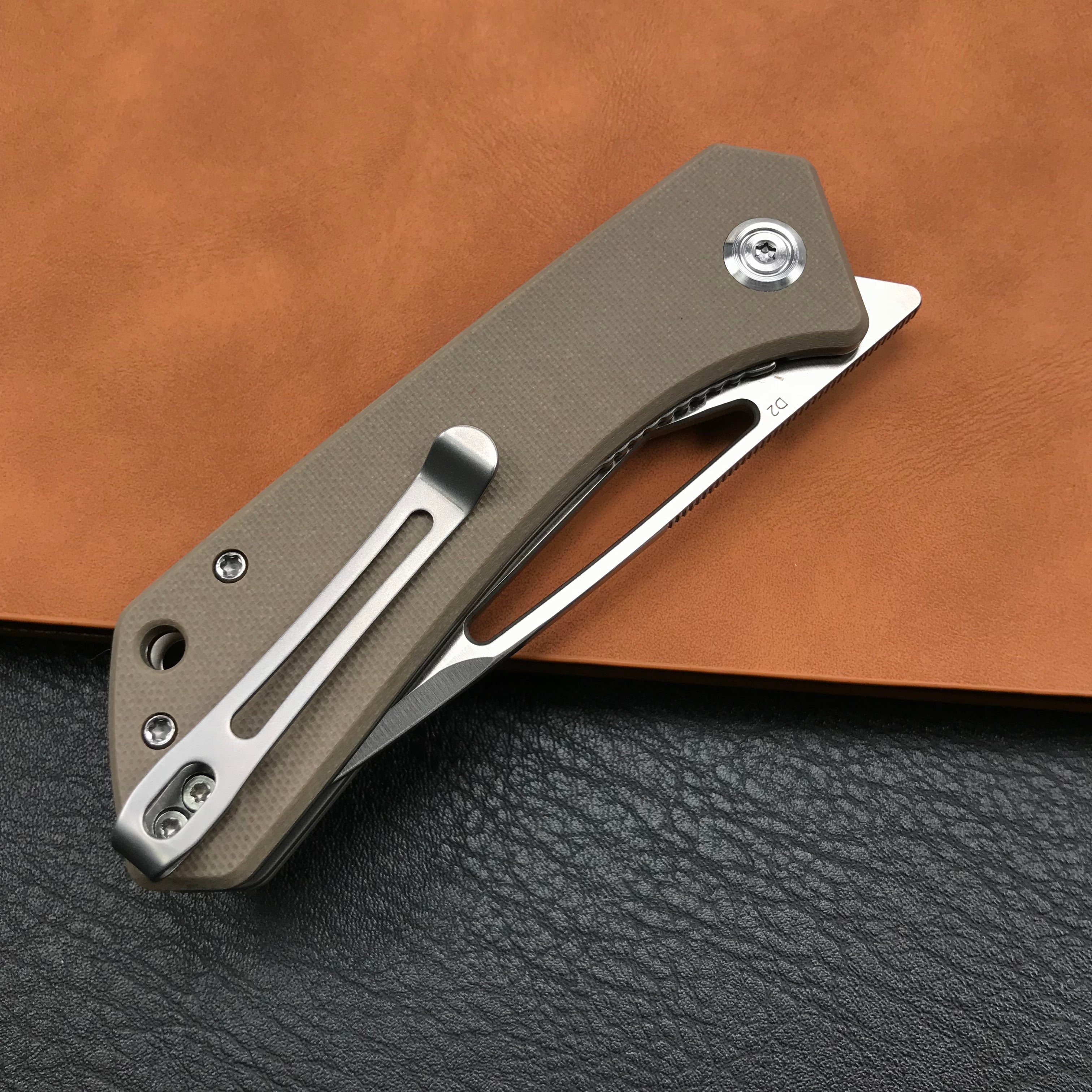 KUBEY KU331F Front Flipper EDC Pocket Folding Knife Tan G10 Handle 3.27" Satin D2