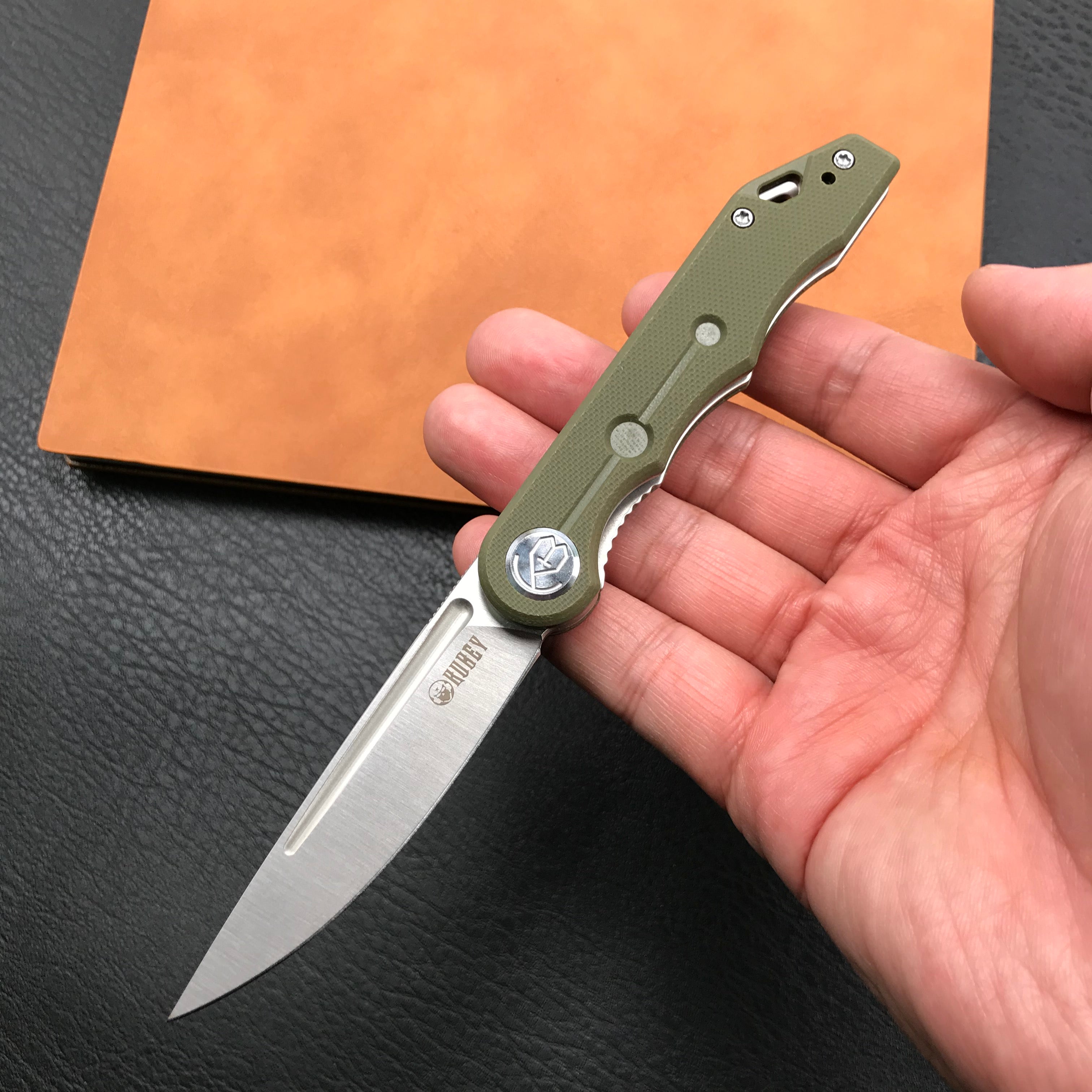 KUBEY KU2101D Mizo Liner Lock Front Flipper Folding Knife Green G10 Handle 3.15" Satin 14C28N