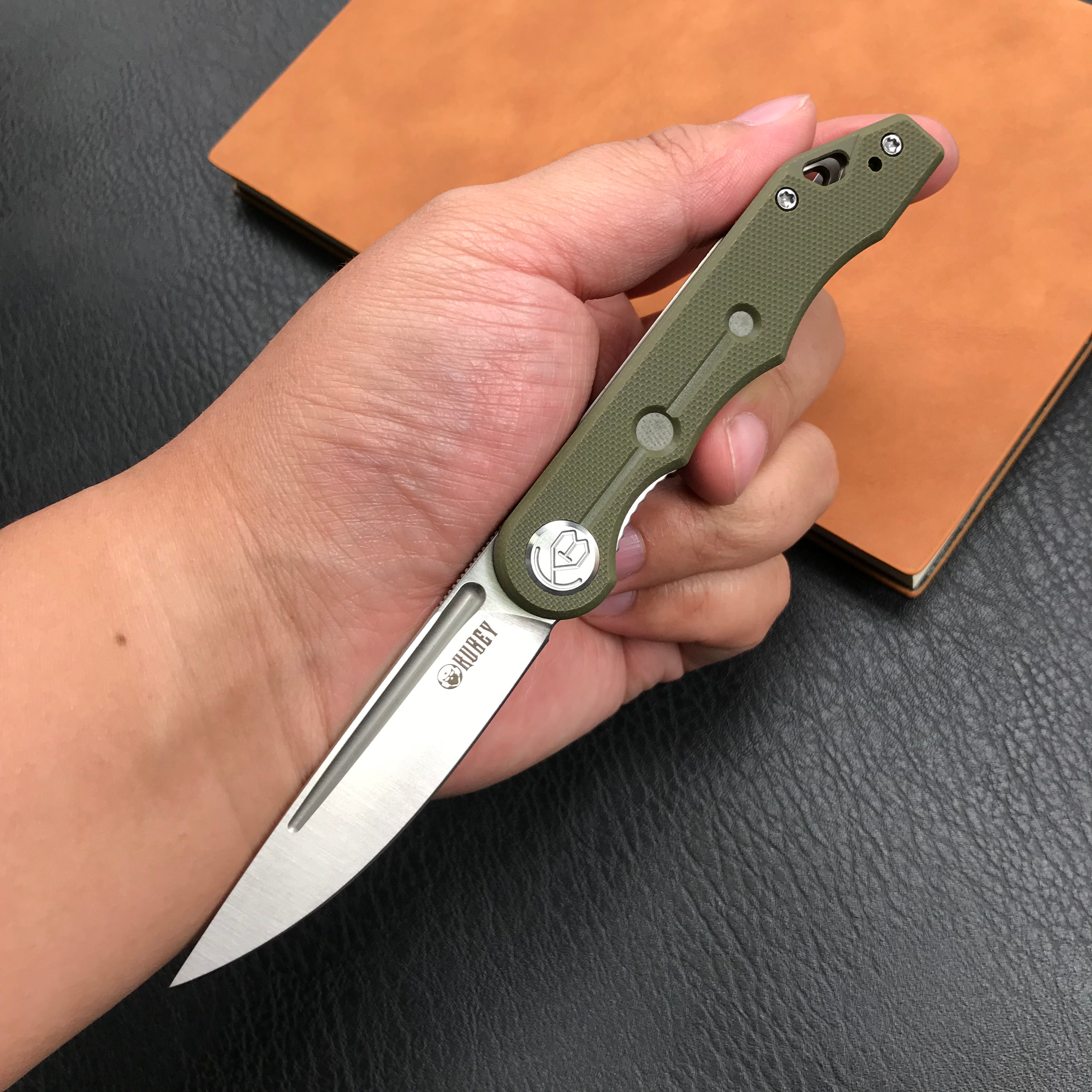 KUBEY KU2101D Mizo Liner Lock Front Flipper Folding Knife Green G10 Handle 3.15" Satin 14C28N