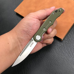 KUBEY KU2101D Mizo Liner Lock Front Flipper Folding Knife Green G10 Handle 3.15" Satin 14C28N