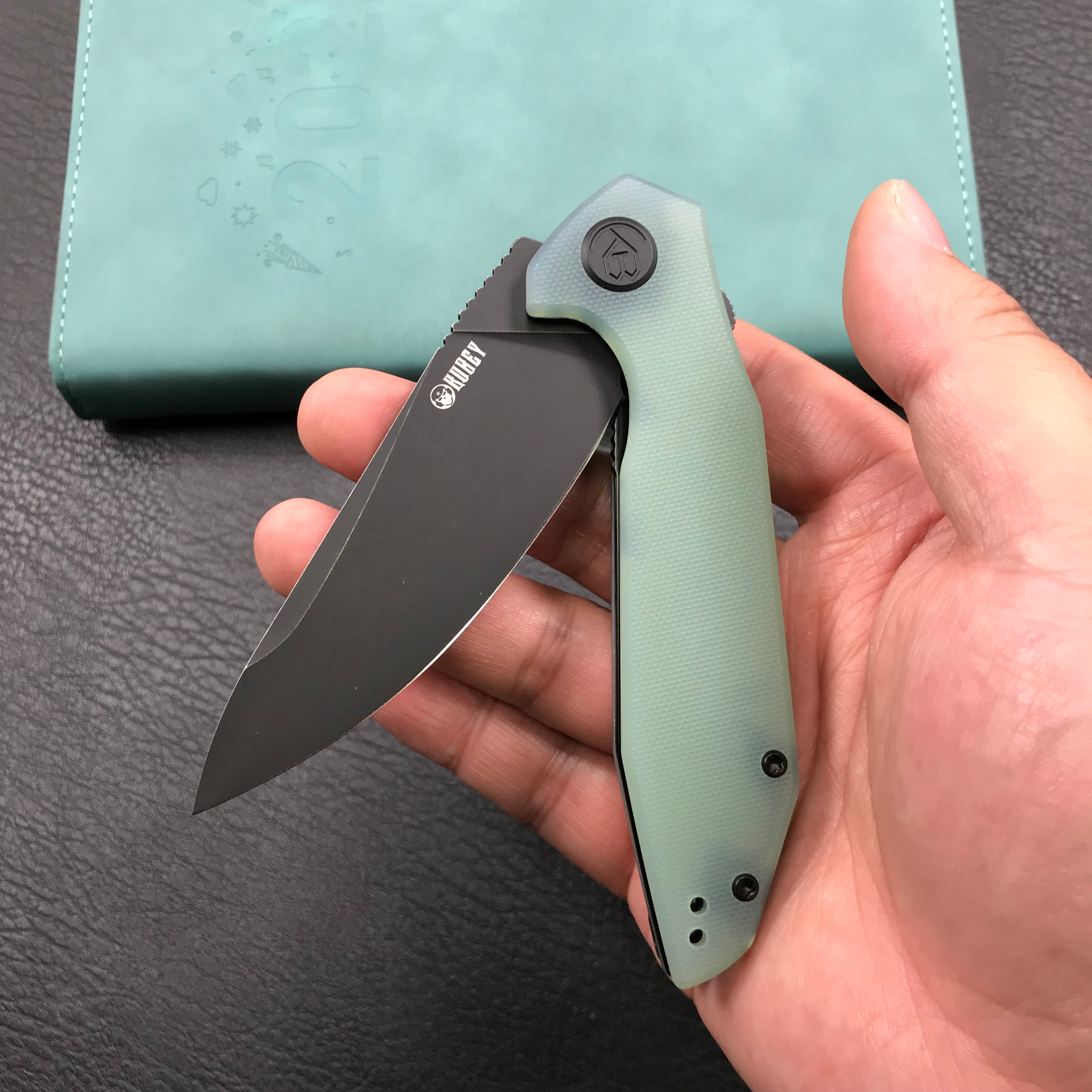 KUBEY KU117G Nova Liner Lock Flipper Folding Pocket Knife Jade  G10 Handle Black Stonewashed D2