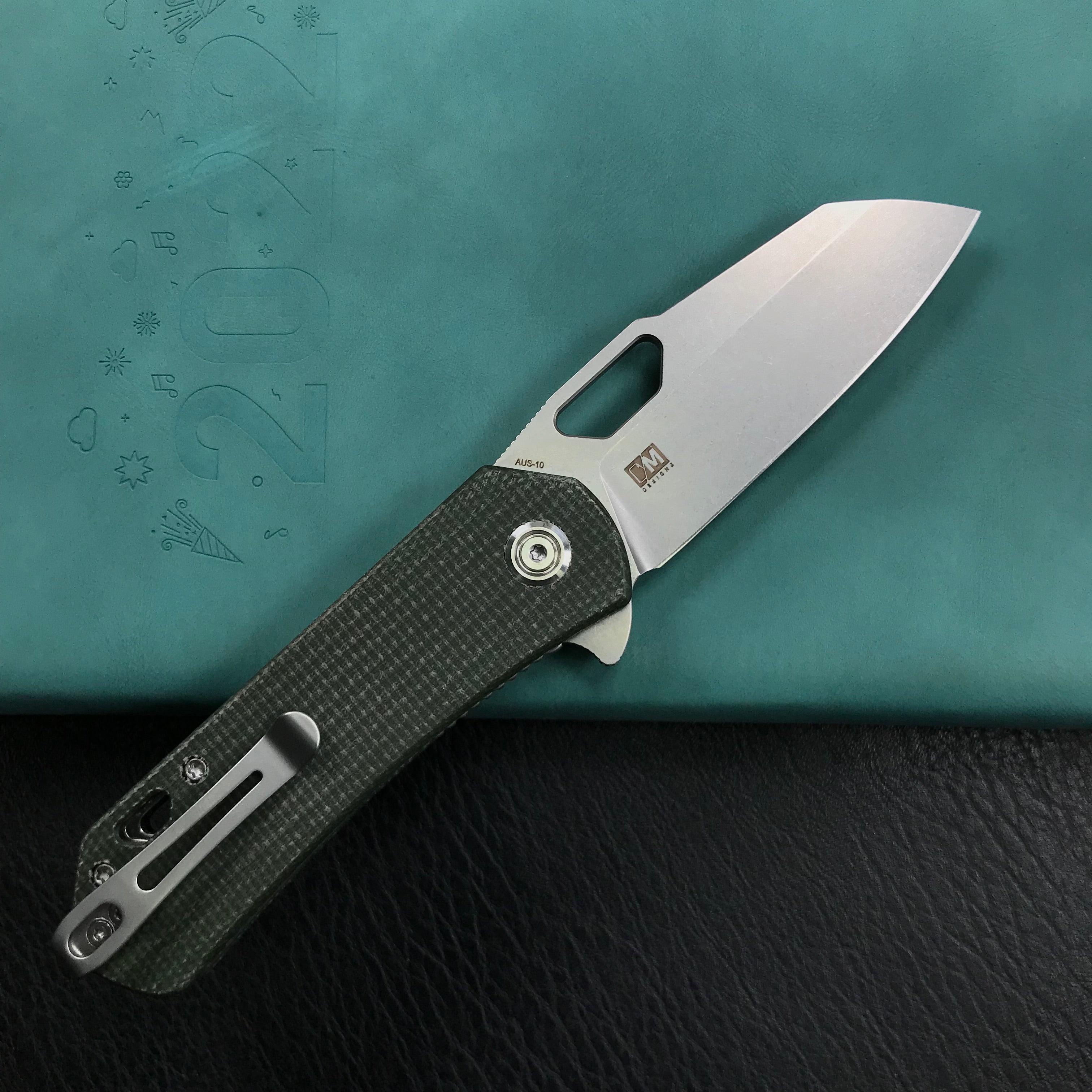 KUBEY KU332L Duroc Liner Lock Flipper Folding Knife  Green Micarta Handle 2.91" Blasted Stonewashed AUS-10