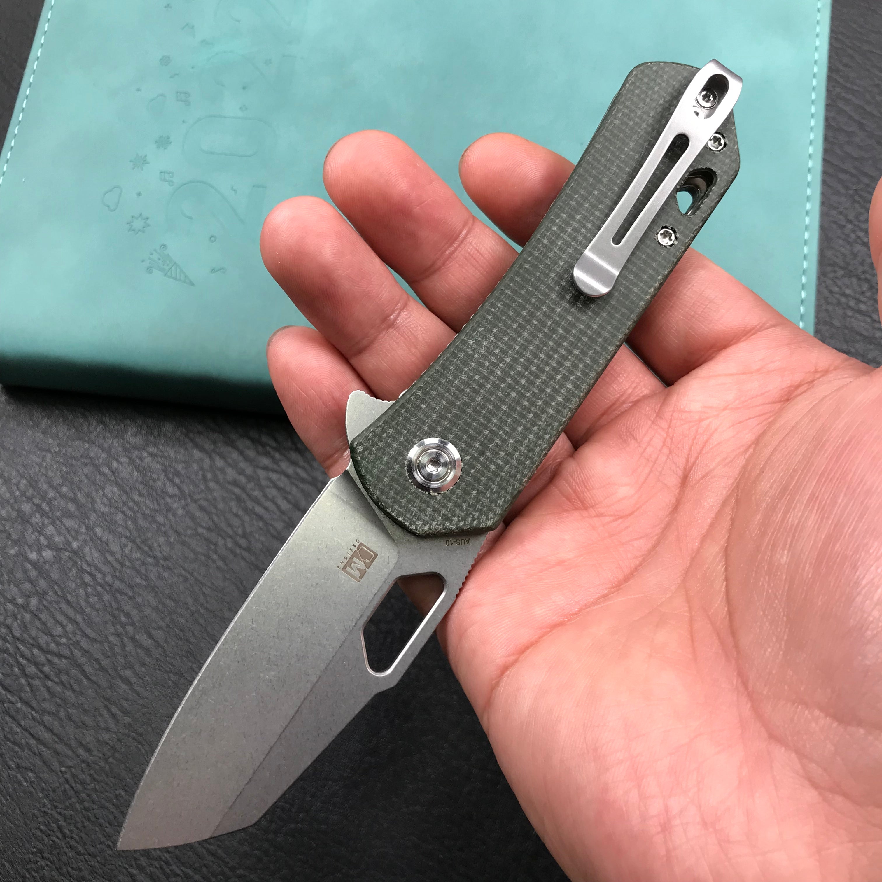 KUBEY KU332L Duroc Liner Lock Flipper Folding Knife  Green Micarta Handle 2.91" Blasted Stonewashed AUS-10