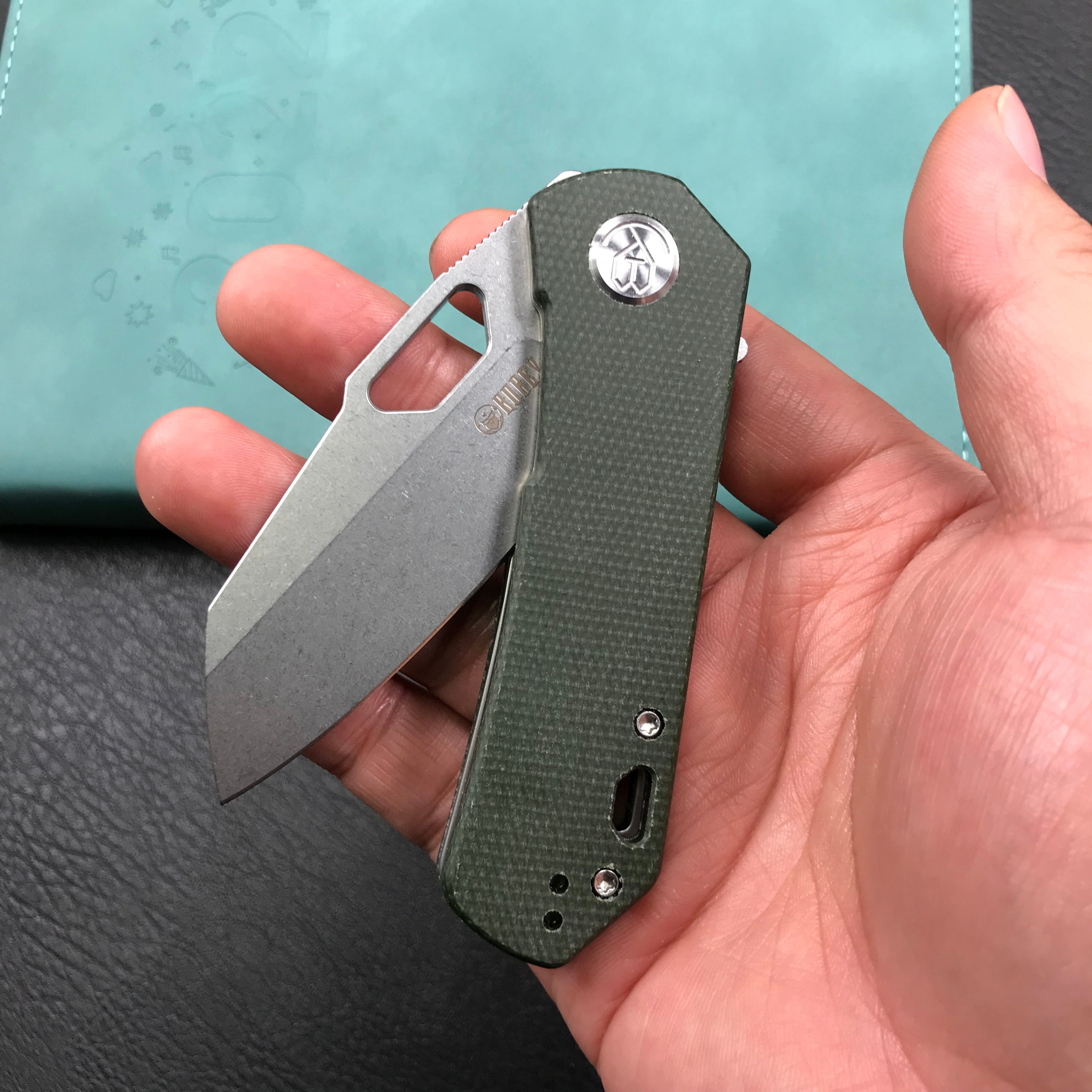 KUBEY KU332L Duroc Liner Lock Flipper Folding Knife  Green Micarta Handle 2.91" Blasted Stonewashed AUS-10