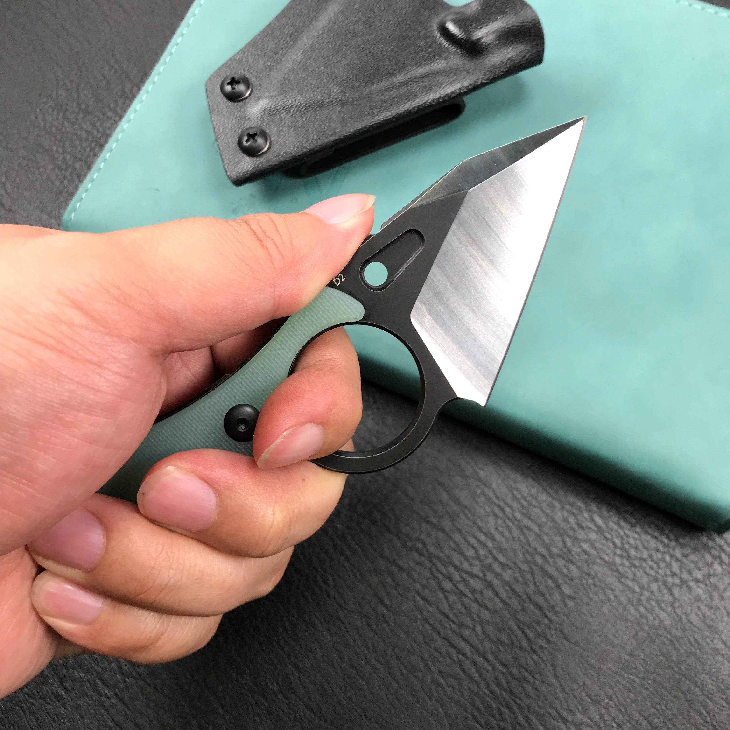 KUBEY KU166B  Hippocam EDC Fixed Blade Knife Jade G10 Handle 2.3" Satin D2