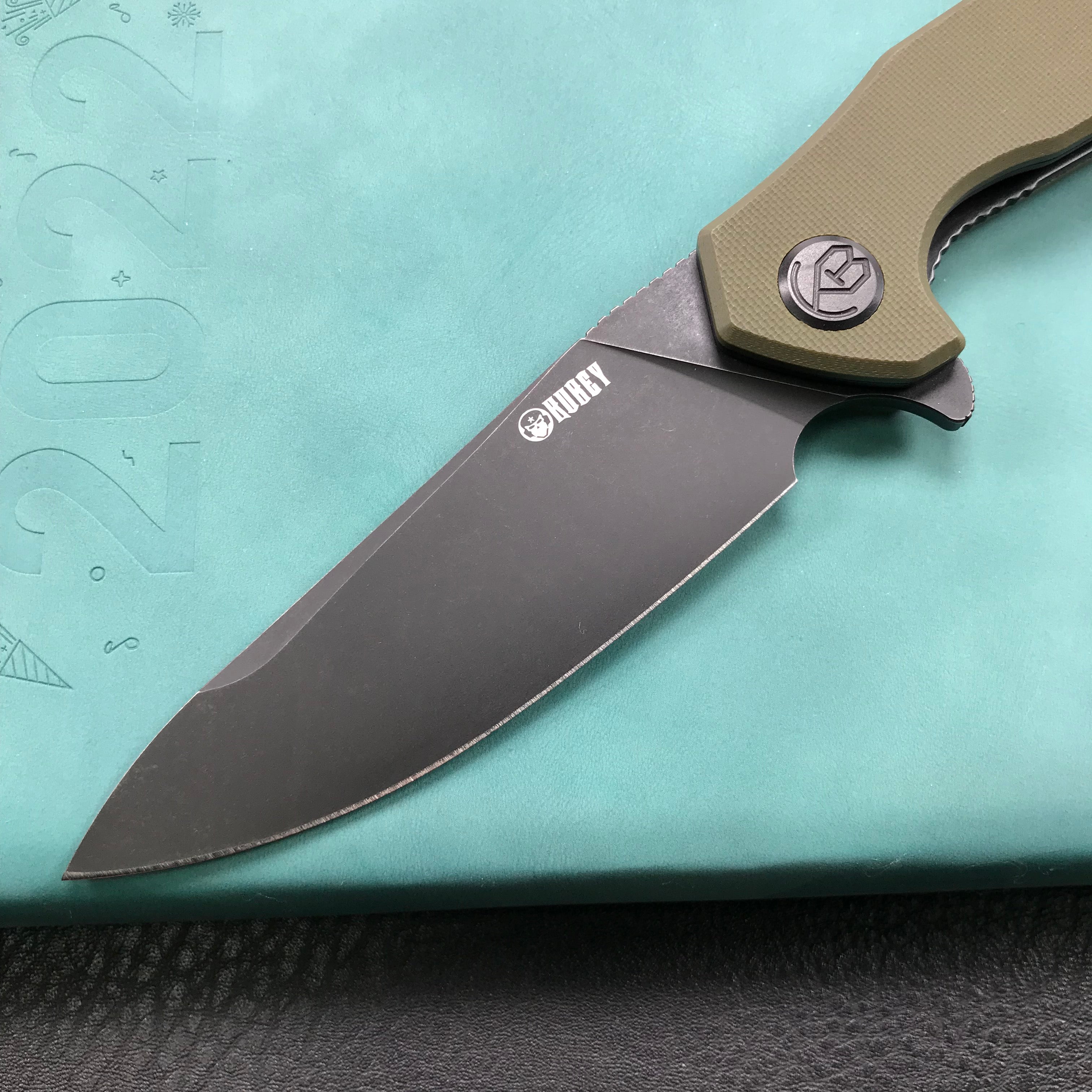 KUBEY KU117E Nova Liner Lock Flipper Folding Pocket Knife Green G10 Handle 3.62" Dark Stonewahsed D2