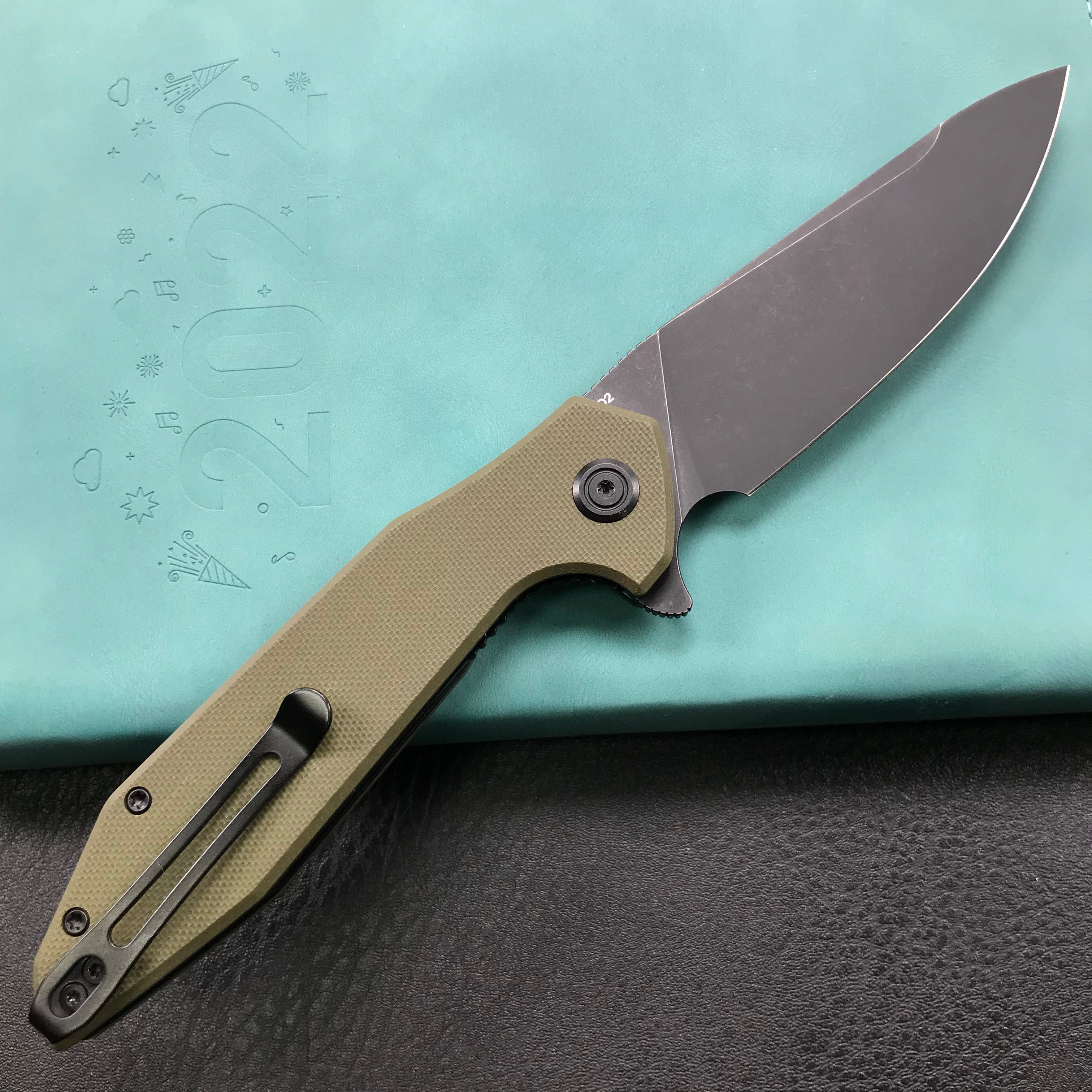 KUBEY KU117E Nova Liner Lock Flipper Folding Pocket Knife Green G10 Handle 3.62" Dark Stonewahsed D2