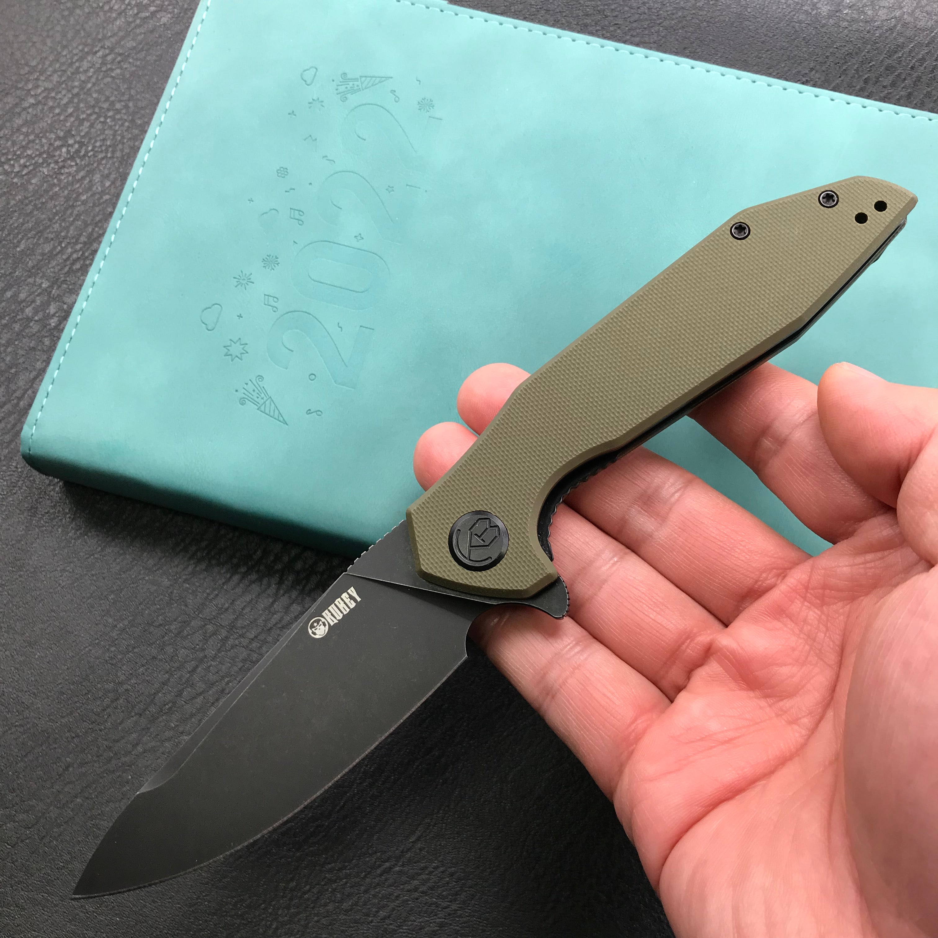 KUBEY KU117E Nova Liner Lock Flipper Folding Pocket Knife Green G10 Handle 3.62" Dark Stonewahsed D2