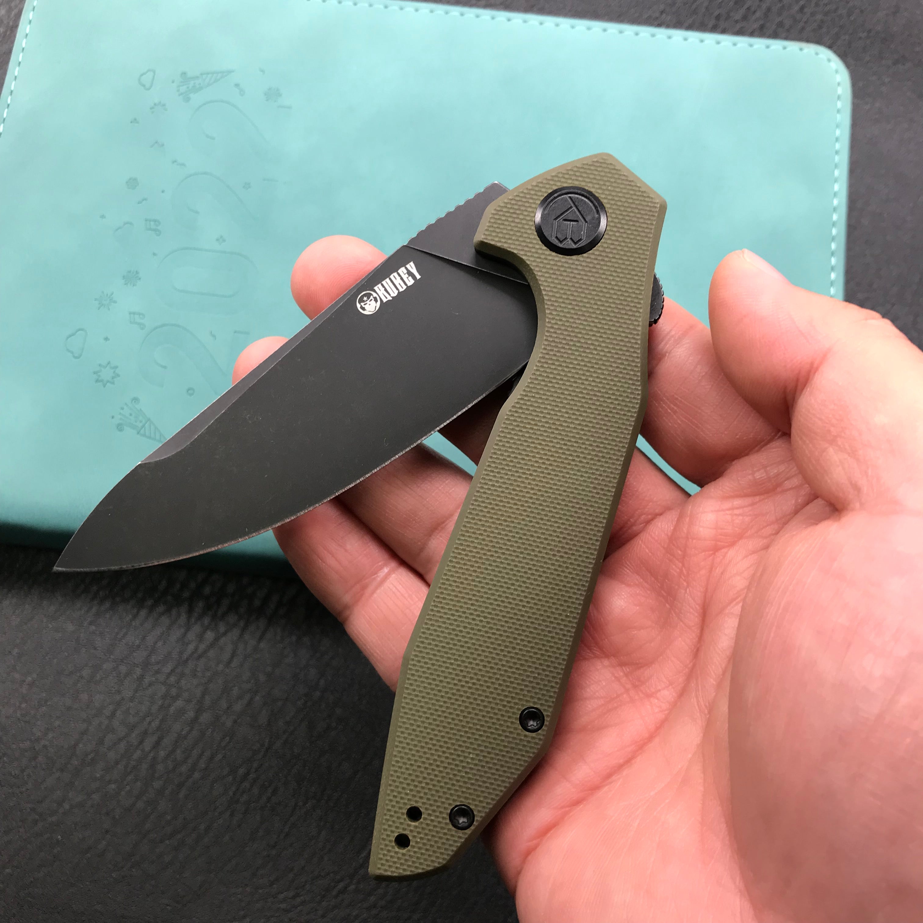 KUBEY KU117E Nova Liner Lock Flipper Folding Pocket Knife Green G10 Handle 3.62" Dark Stonewahsed D2