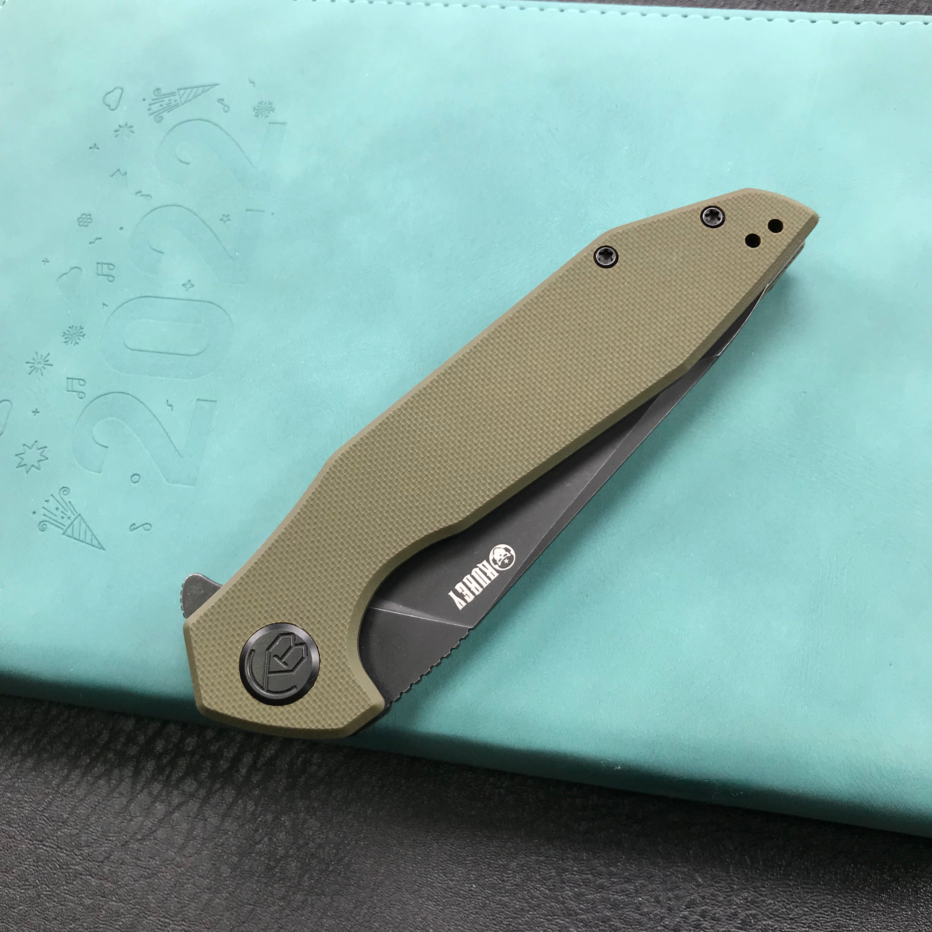 KUBEY KU117E Nova Liner Lock Flipper Folding Pocket Knife Green G10 Handle 3.62" Dark Stonewahsed D2