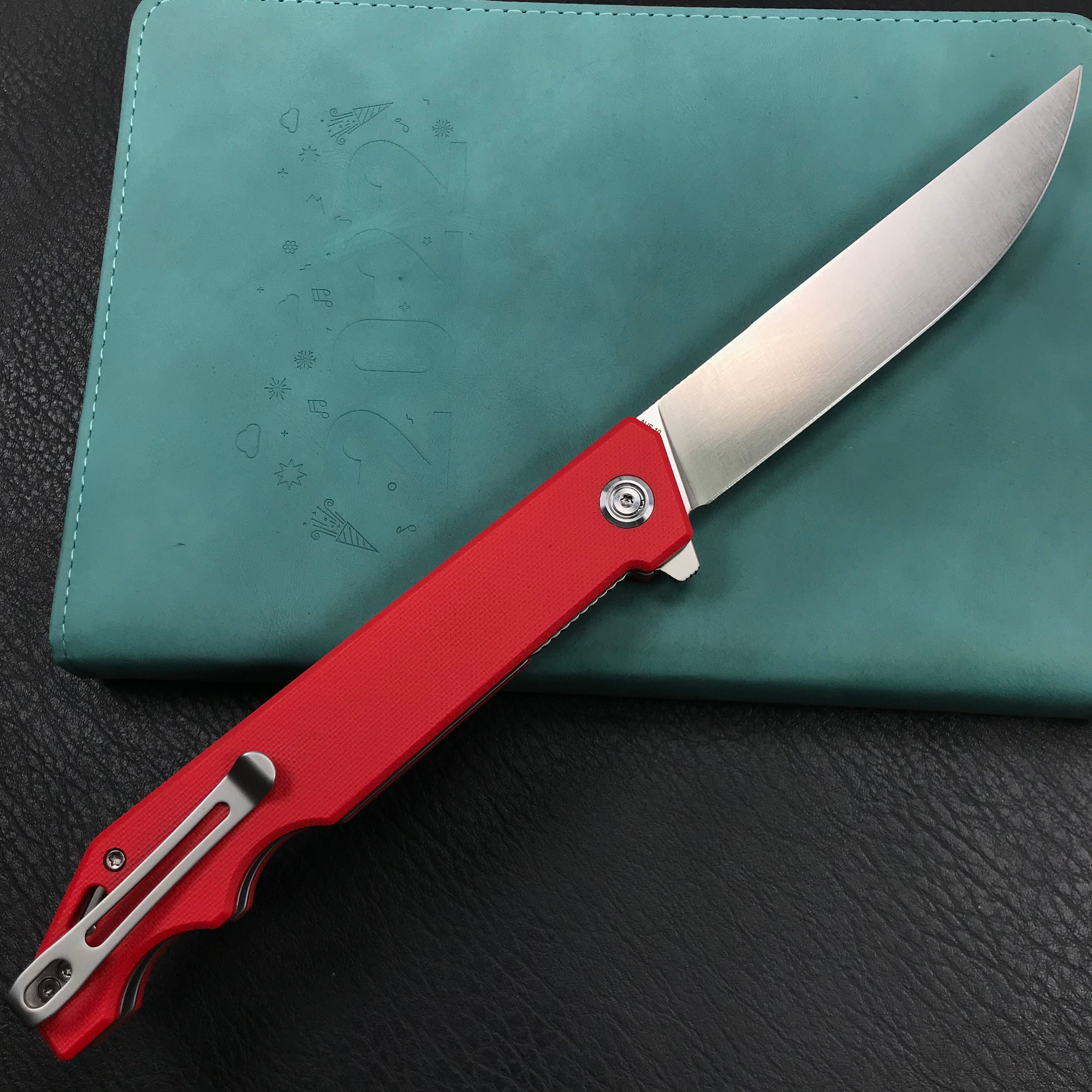 KUBEY KU253F Pylades  Cheetah Liner Lock Flipper Folding Knife  Red G10 Handle 4.65" Satin AUS-10