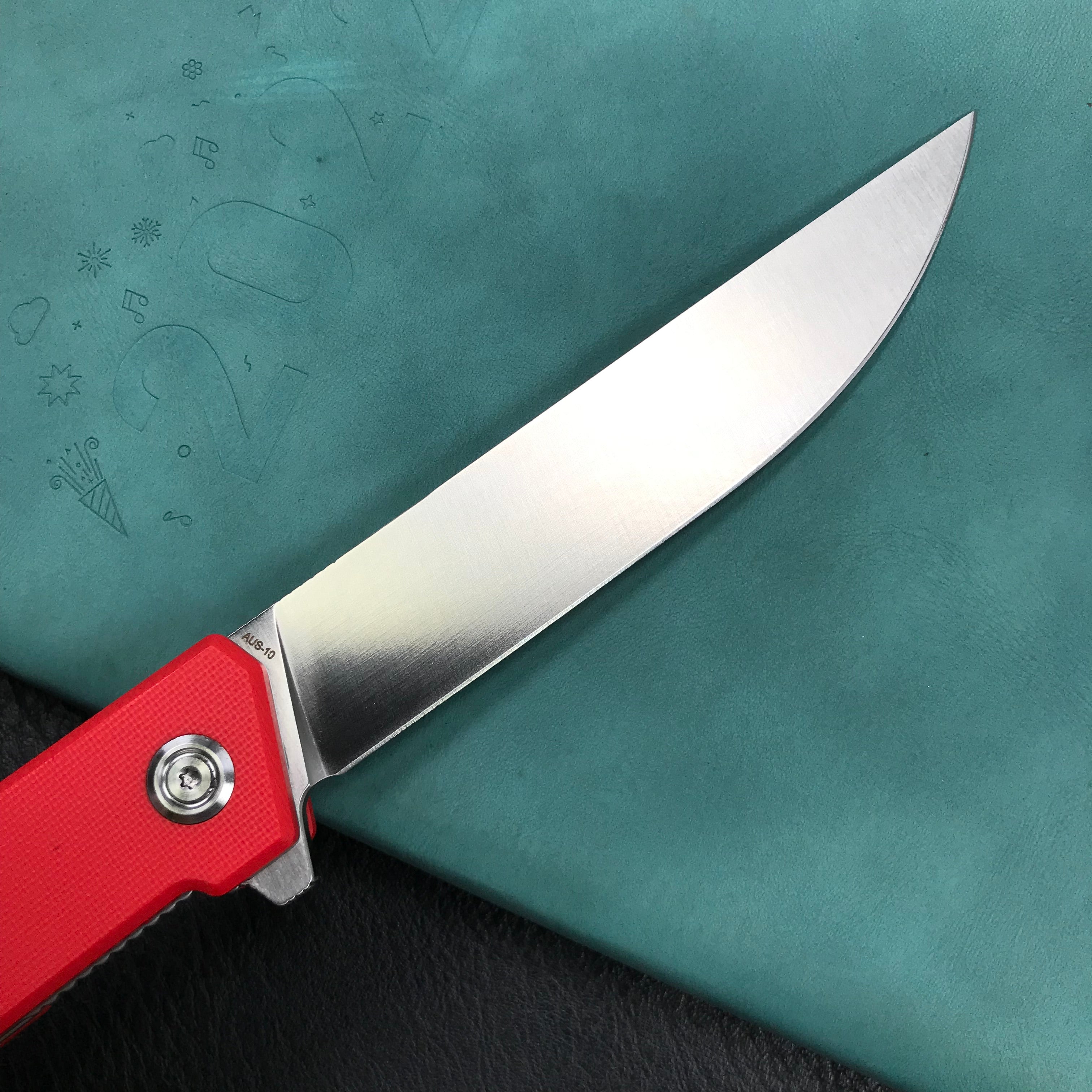 KUBEY KU253F Pylades  Cheetah Liner Lock Flipper Folding Knife  Red G10 Handle 4.65" Satin AUS-10