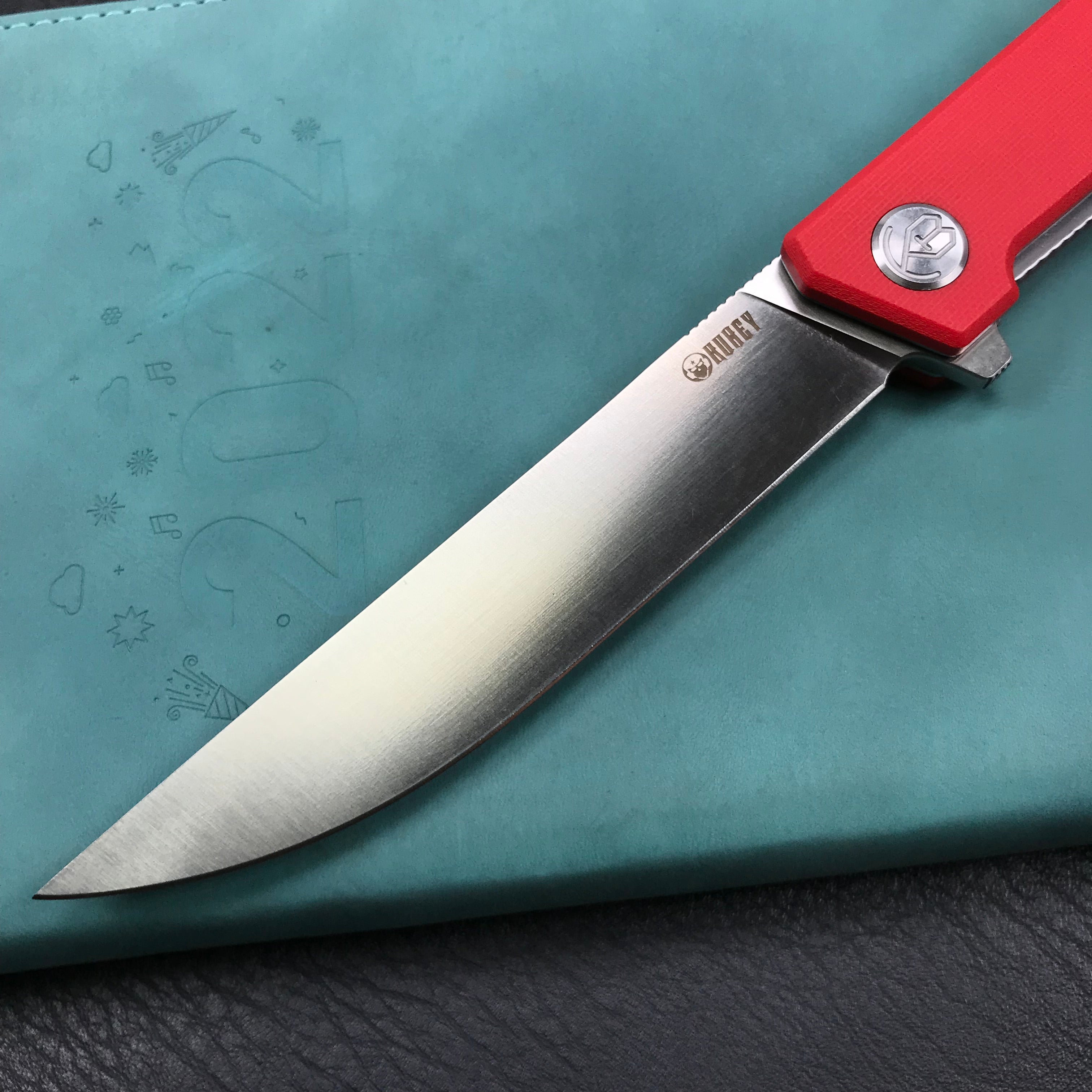 KUBEY KU253F Pylades  Cheetah Liner Lock Flipper Folding Knife  Red G10 Handle 4.65" Satin AUS-10